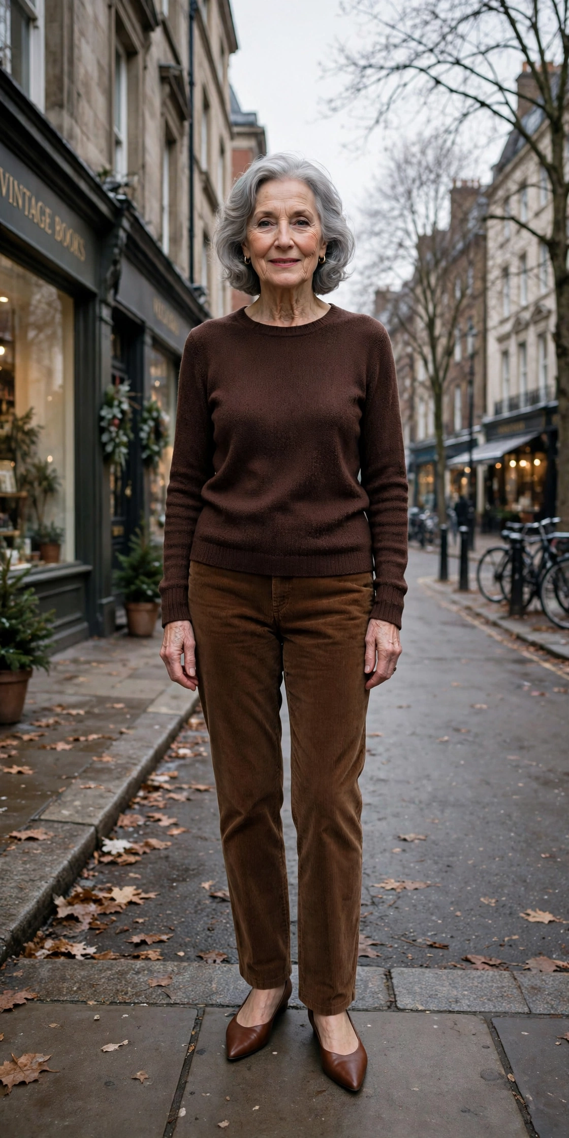 25 Women over 70 chocolate brown knit outfits for January weekends That Are Chic, Warm and Elegant 22 Chocolate brown fine knit top, brown corduroy trousers and elegant pointed flats
