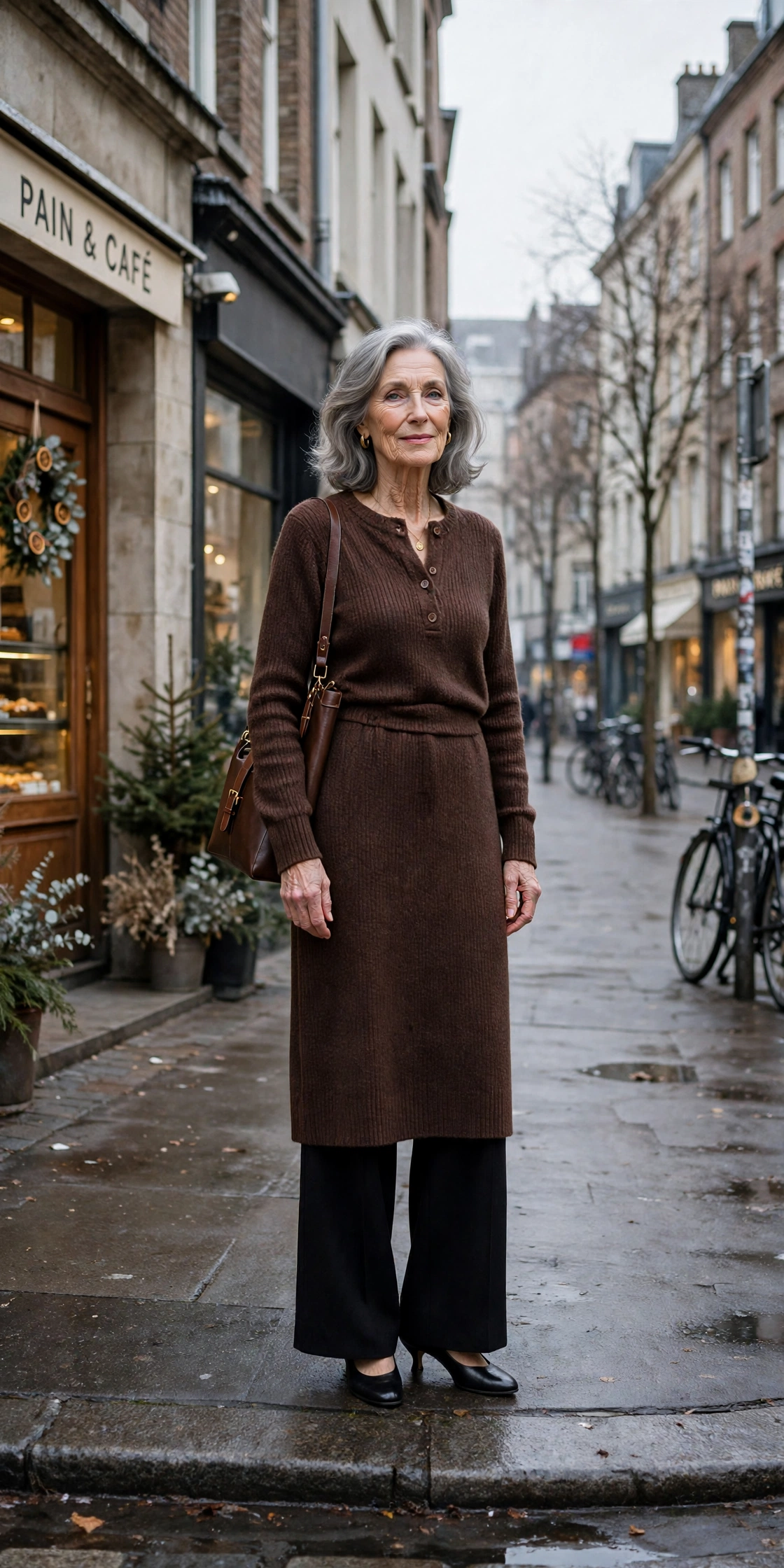 25 Women over 70 chocolate brown knit outfits for January weekends That Are Chic, Warm and Elegant 23 Chocolate brown knit midi dress, black wide-leg trousers and low-heeled pumps