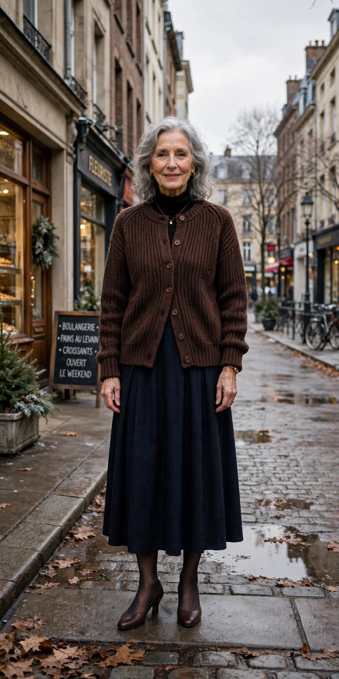 25 Women over 70 chocolate brown knit outfits for January weekends That Are Chic, Warm and Elegant 24 Chocolate brown knit cardigan, dark midi skirt and low-heeled pumps