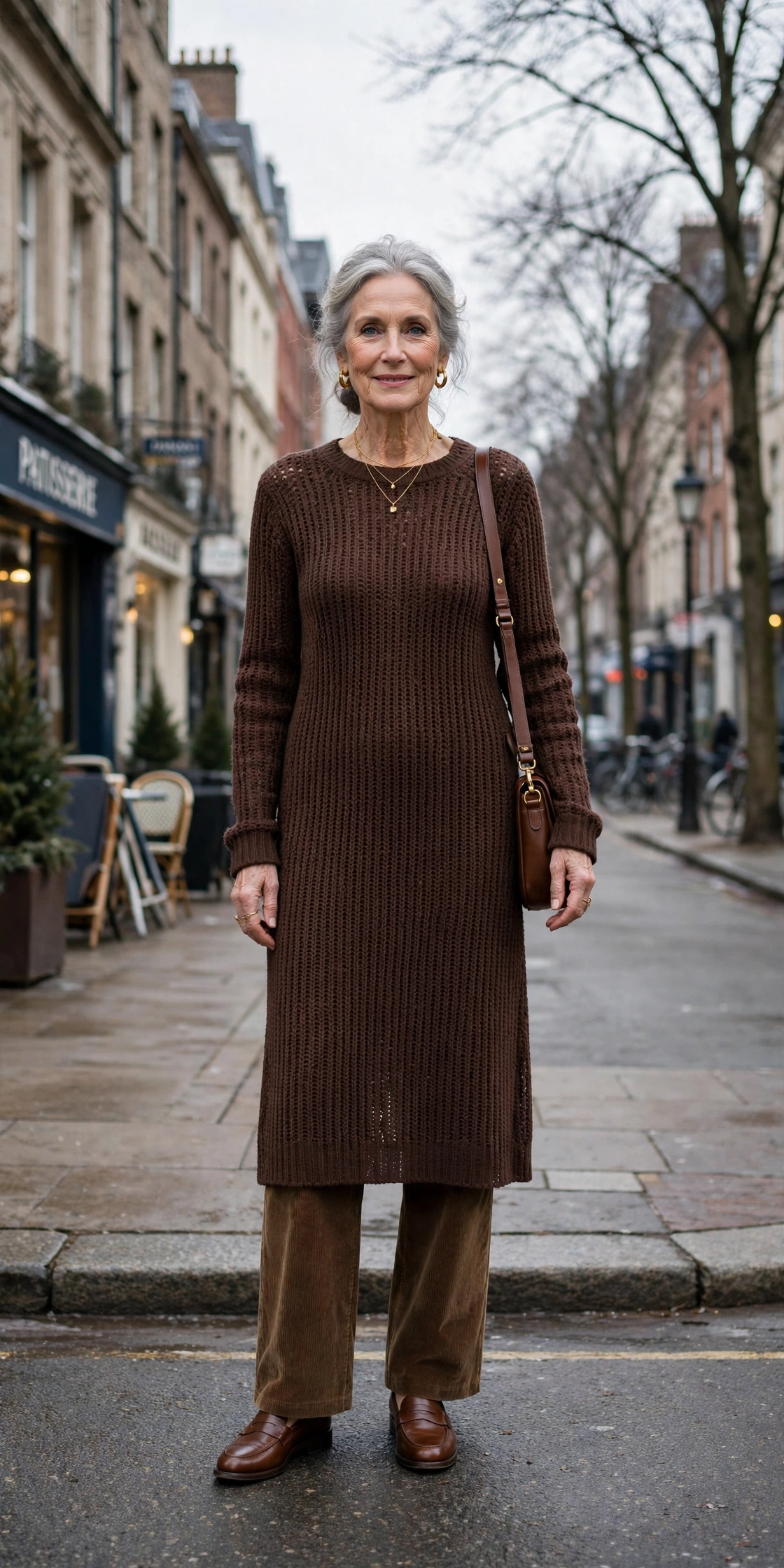 25 Women over 70 chocolate brown knit outfits for January weekends That Are Chic, Warm and Elegant 25 Chocolate brown knit midi dress, brown corduroy trousers and classic loafers