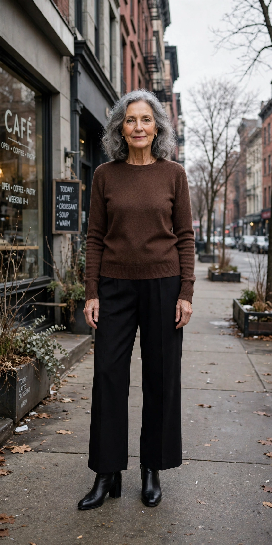25 Women over 70 chocolate brown knit outfits for January weekends That Are Chic, Warm and Elegant 26 Chocolate brown fine knit top, black wide-leg trousers and block-heel ankle boots