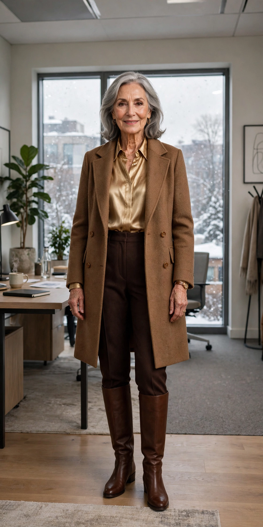 Dark chocolate tailored trousers, gold-toned blouse with a brown coat and knee-high boots