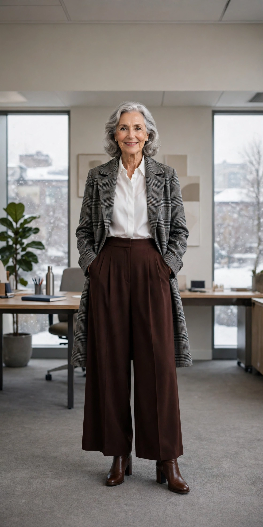 Deep chocolate palazzo trousers, white blouse with a checked coat and block-heel ankle boots