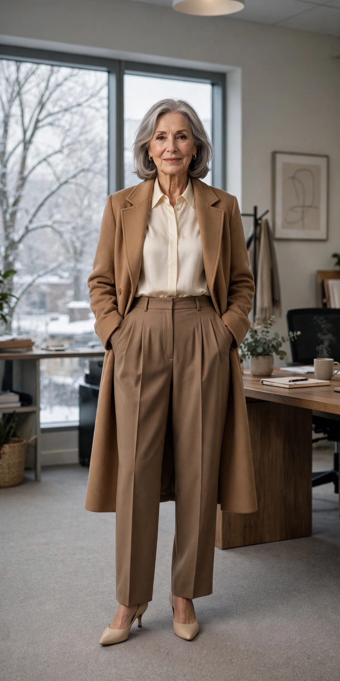 Mocha pleated trousers, cream blouse with a camel coat and kitten heels