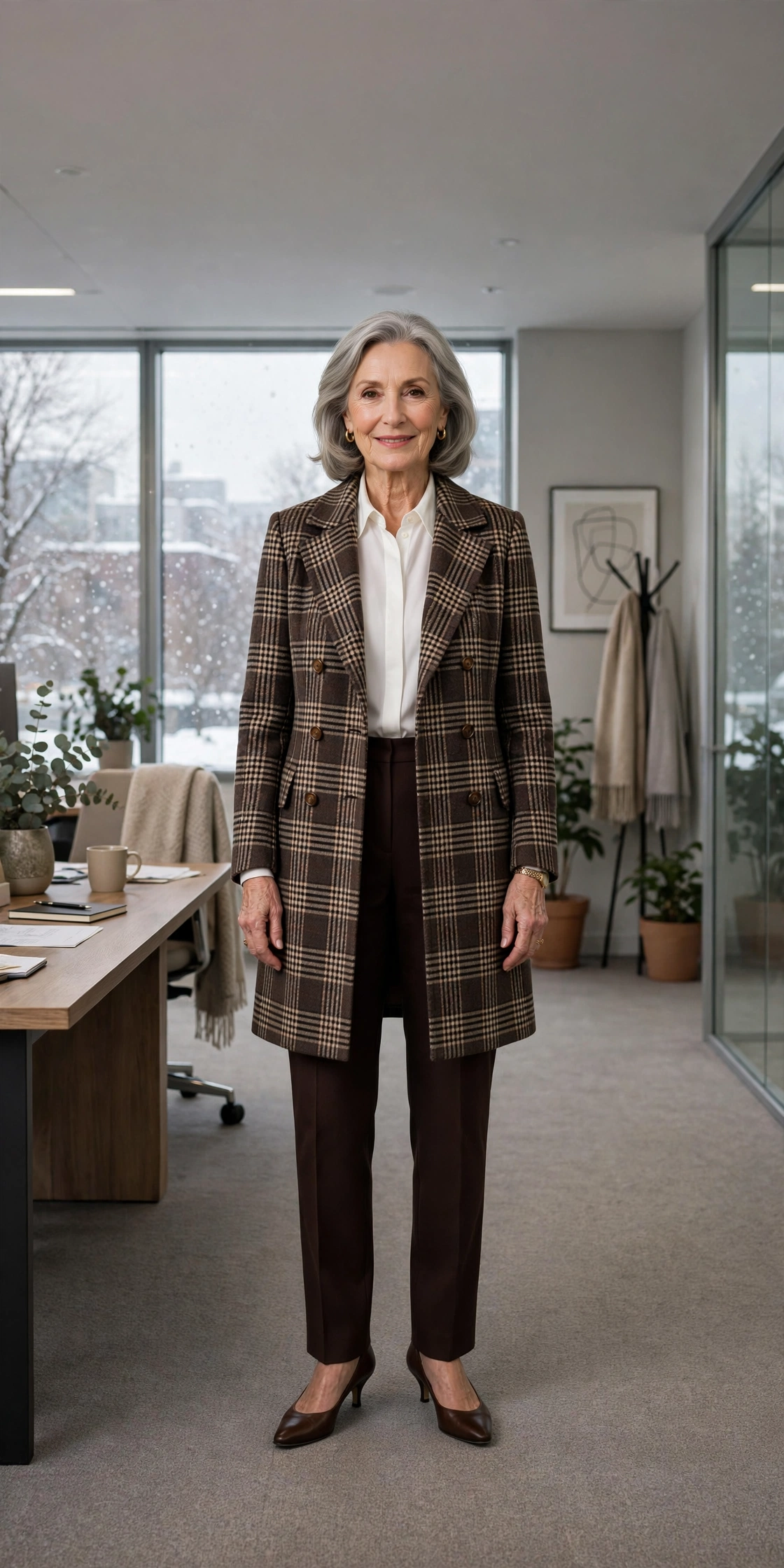 Dark chocolate tailored trousers, white blouse with a checked coat and kitten heels