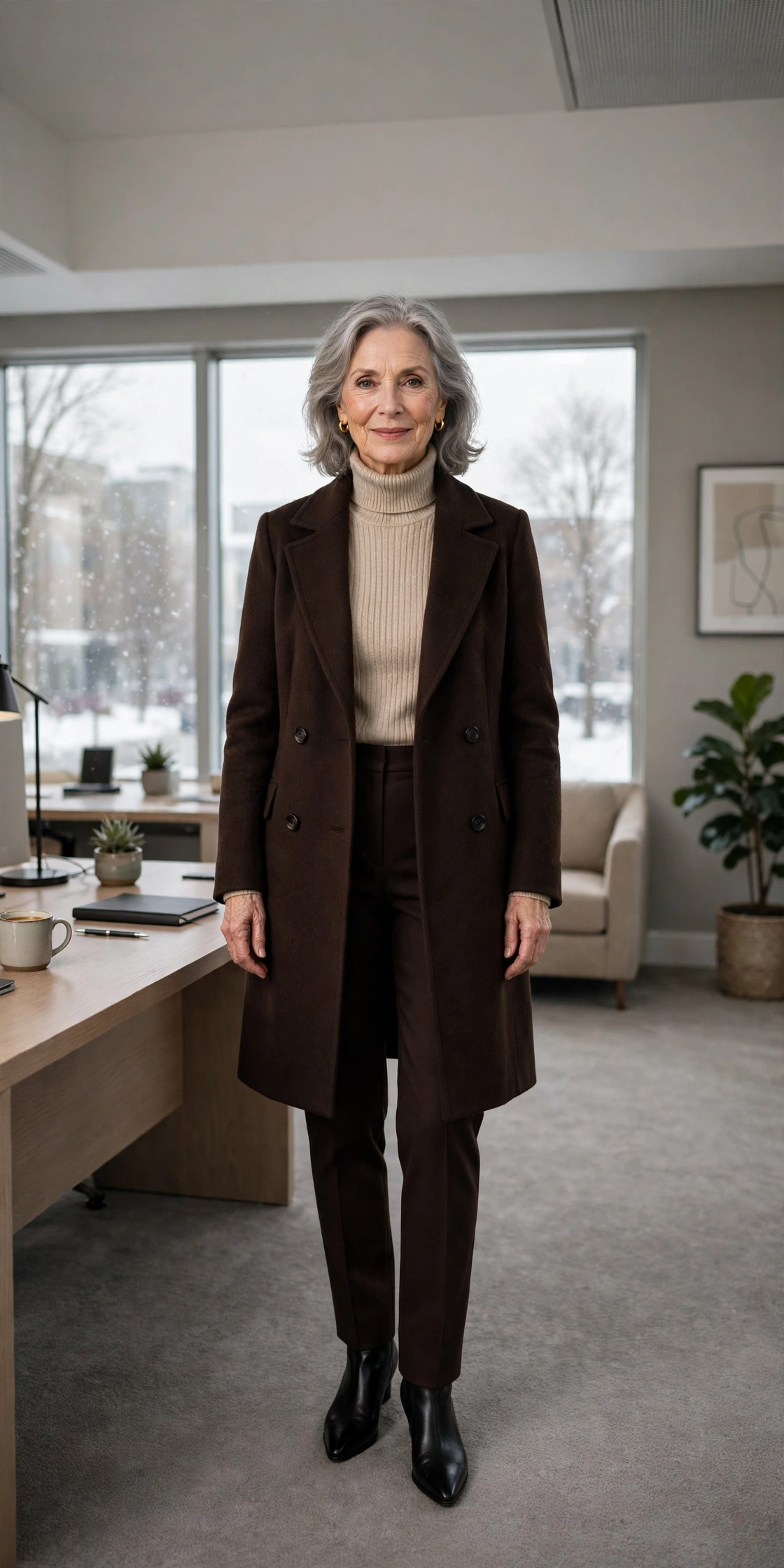 Dark chocolate tailored trousers, beige turtleneck with a wool coat and black pointed boots
