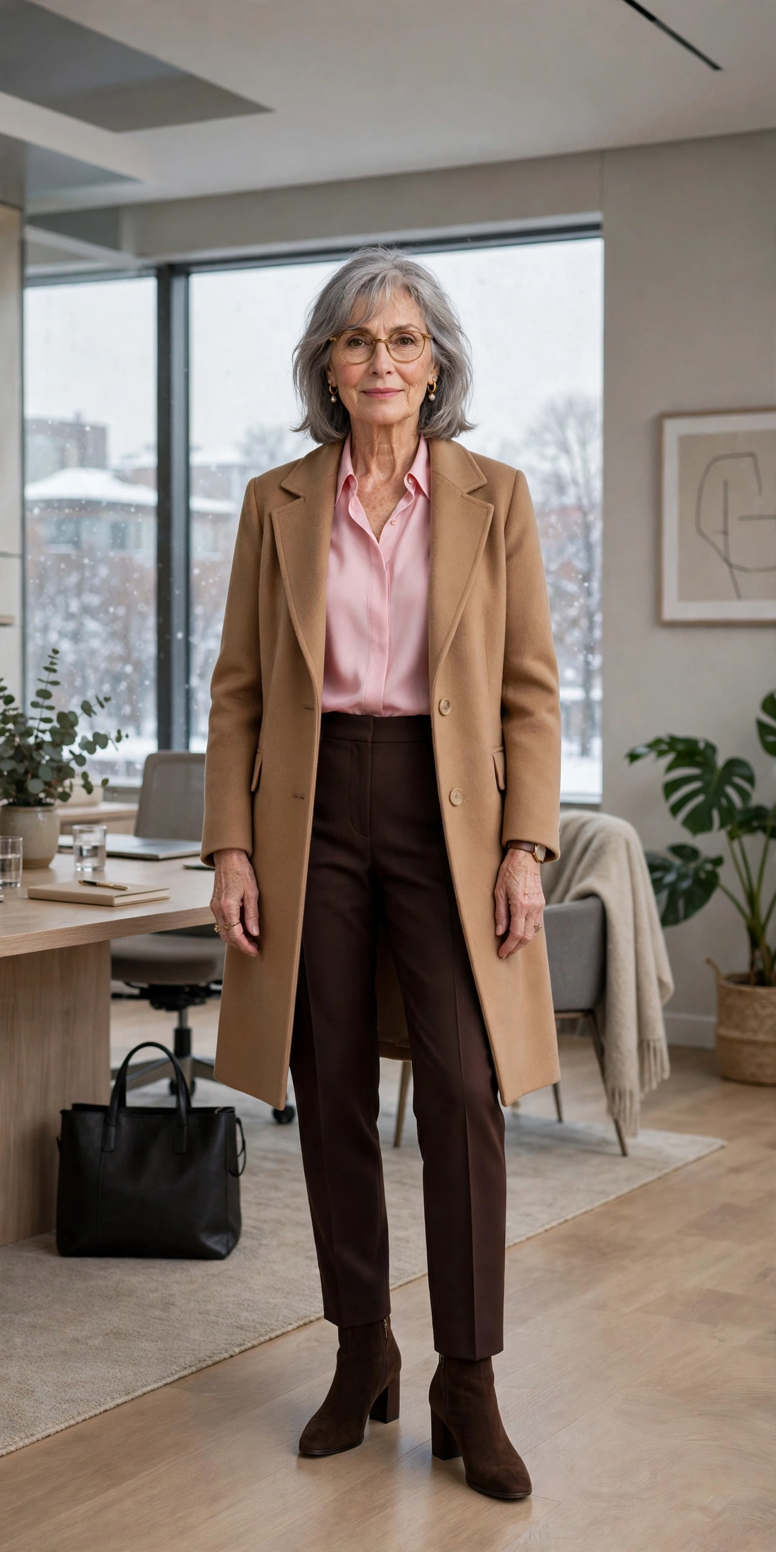Dark chocolate tailored trousers, soft pink blouse with a camel coat and block-heel ankle boots