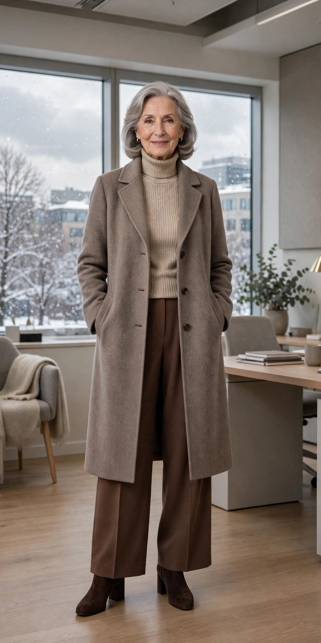 Milk chocolate wide-leg trousers, beige turtleneck with a wool coat and block-heel ankle boots