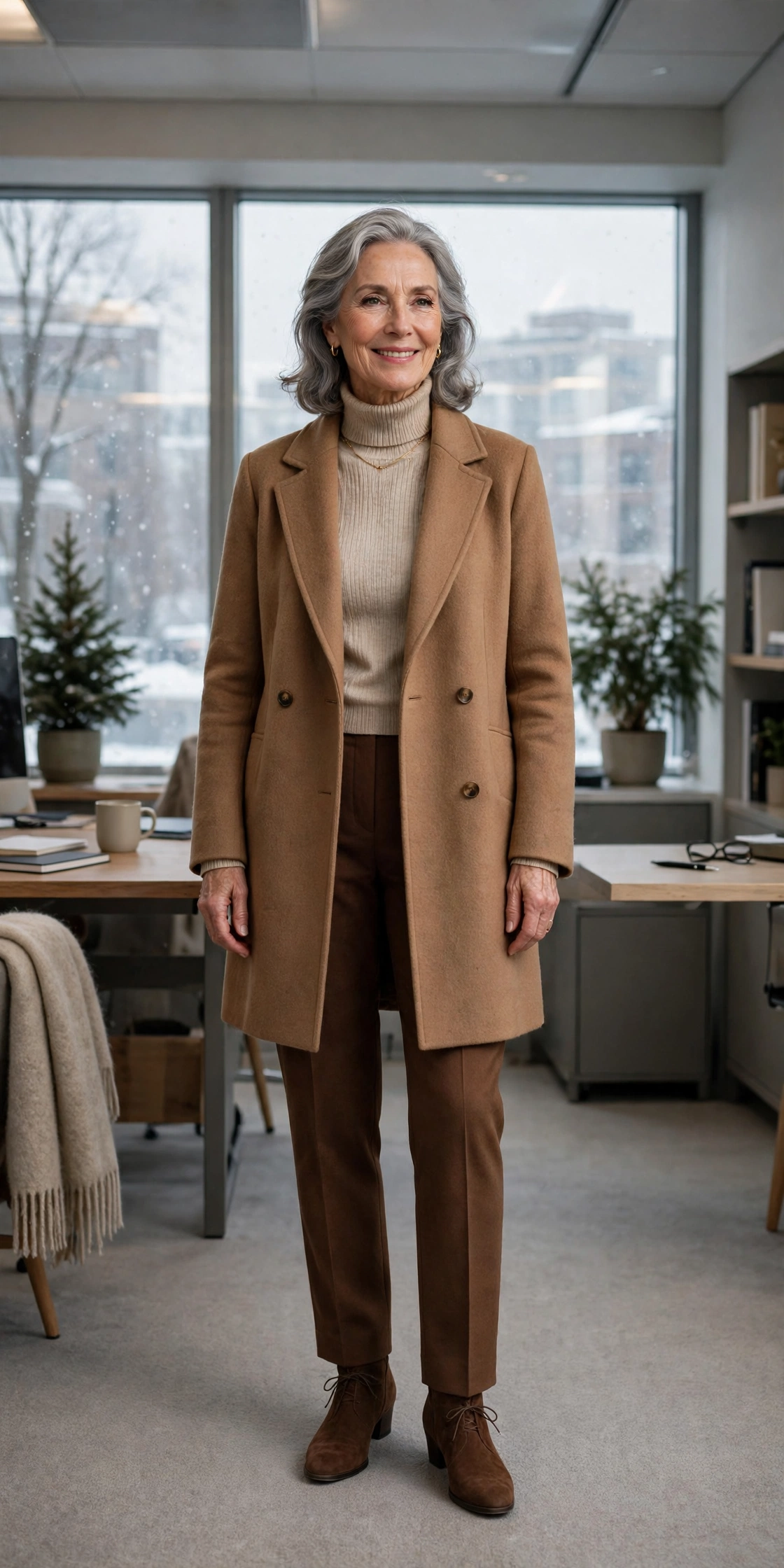 Warm chocolate trousers, beige turtleneck with a wool coat and suede ankle boots