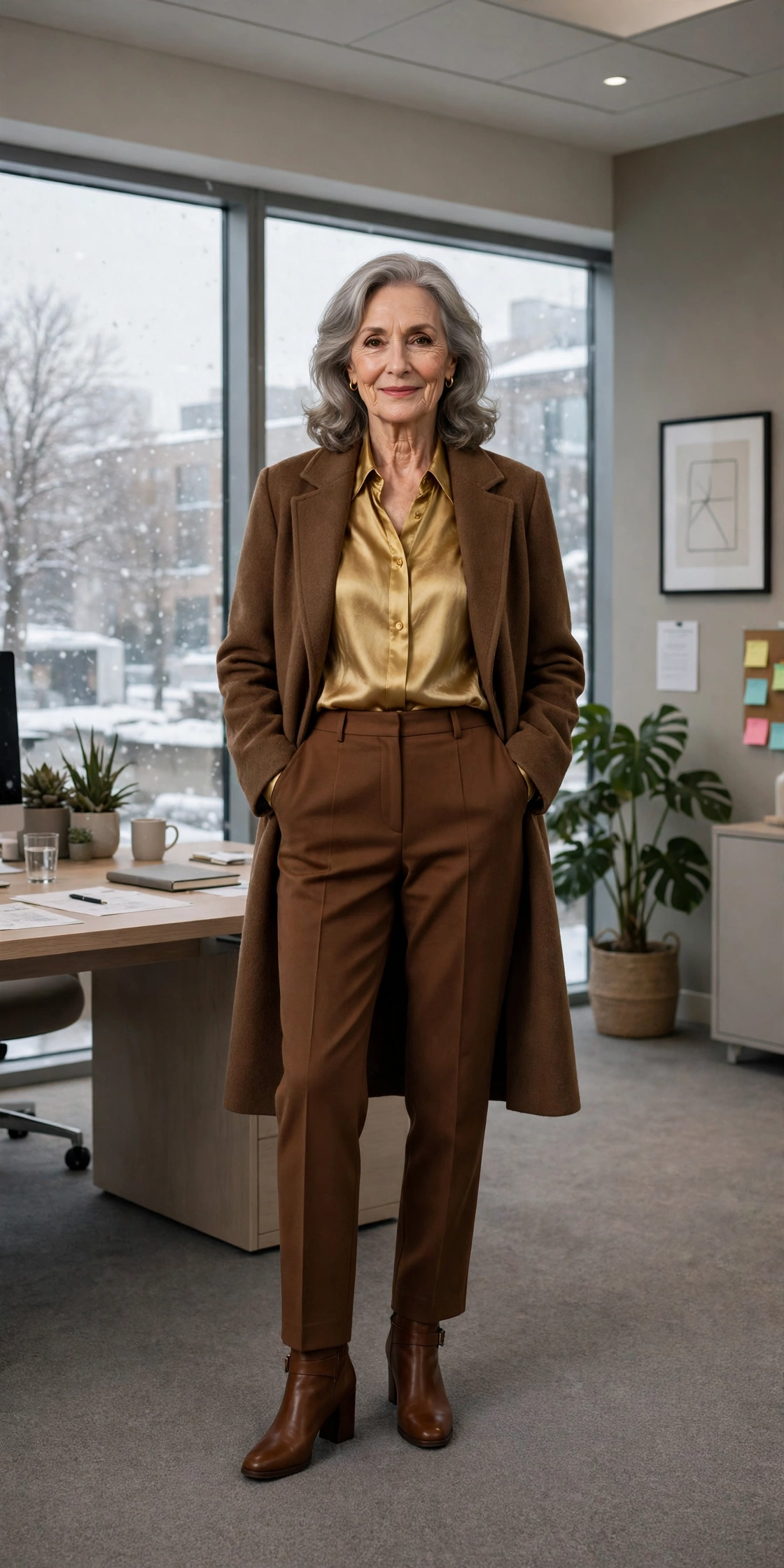Chestnut straight trousers, gold-toned blouse with a brown coat and block-heel ankle boots