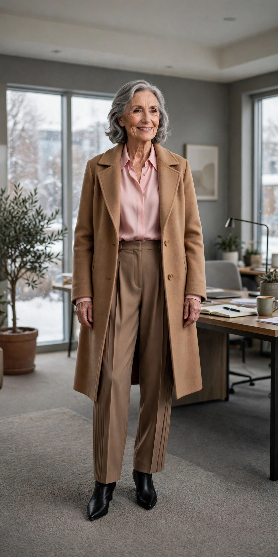 Mocha pleated trousers, soft pink blouse with a camel coat and black pointed boots