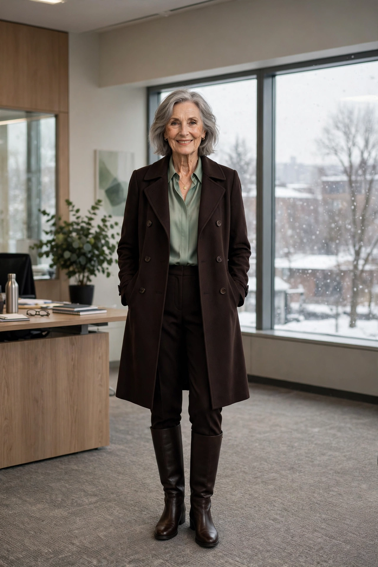 Dark chocolate tailored trousers, sage blouse with a chocolate coat and knee-high boots