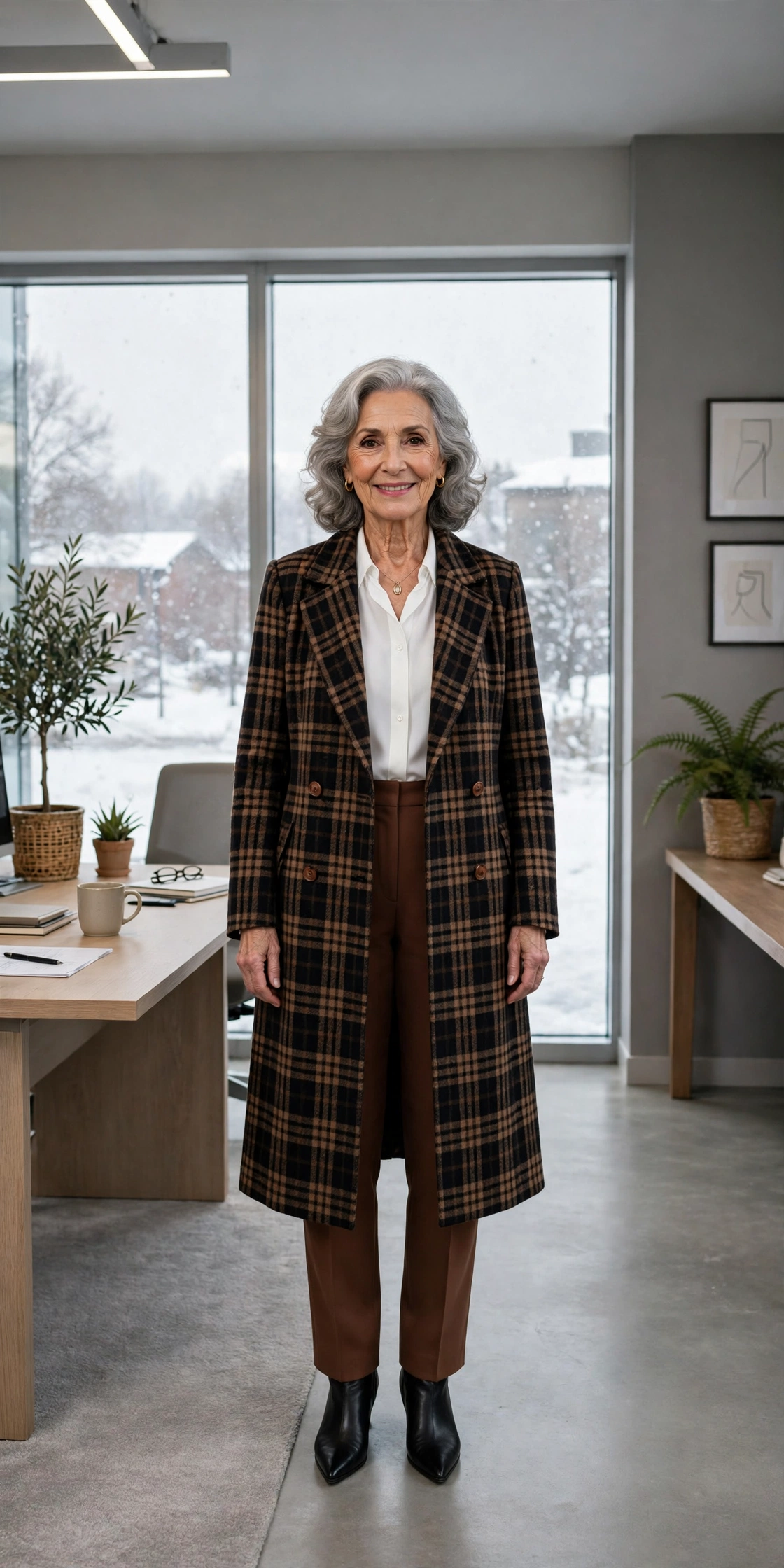 Cocoa brown trousers, white blouse with a checked coat and black pointed boots