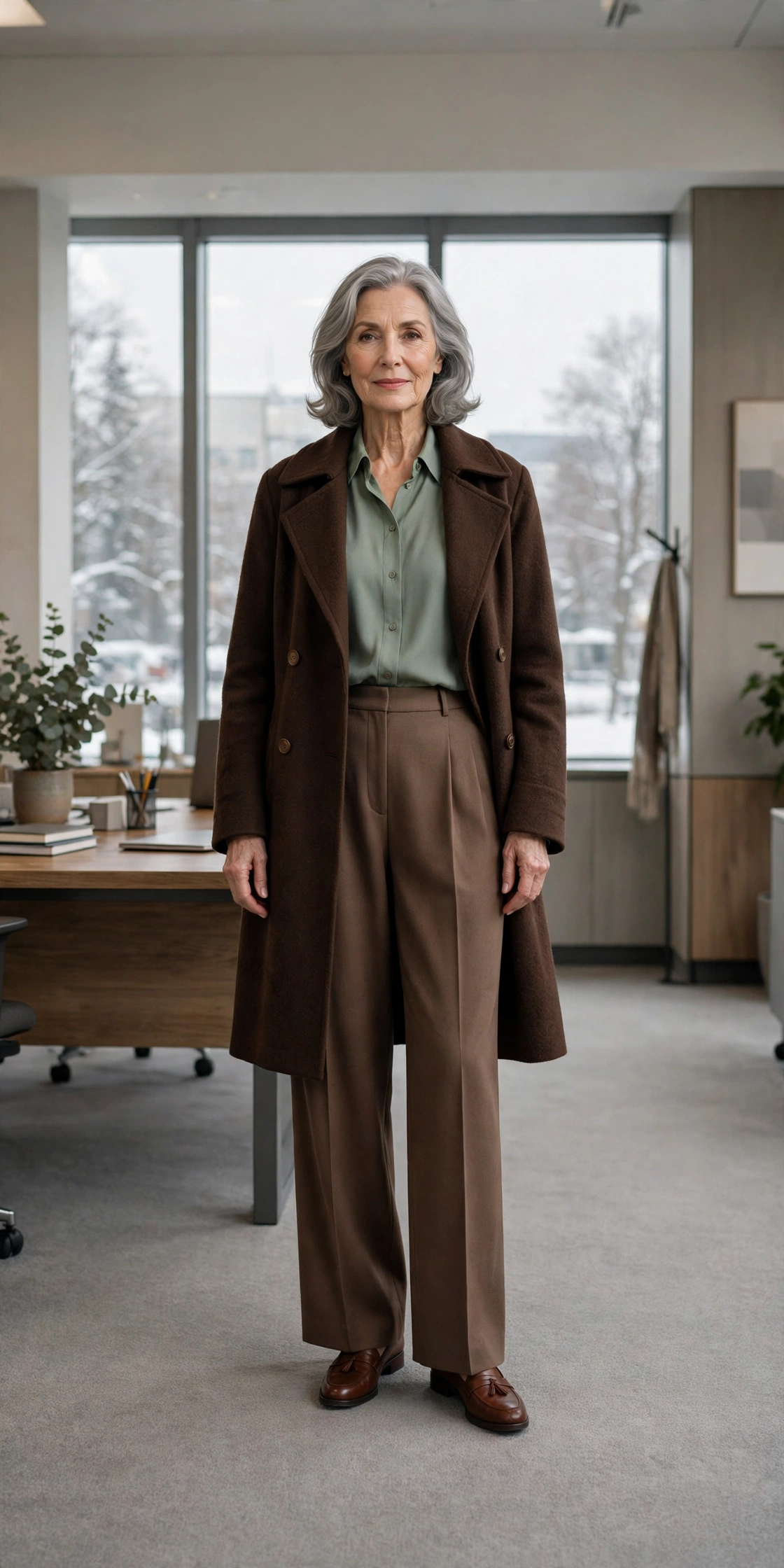 Milk chocolate wide-leg trousers, sage blouse with a chocolate coat and classic loafers