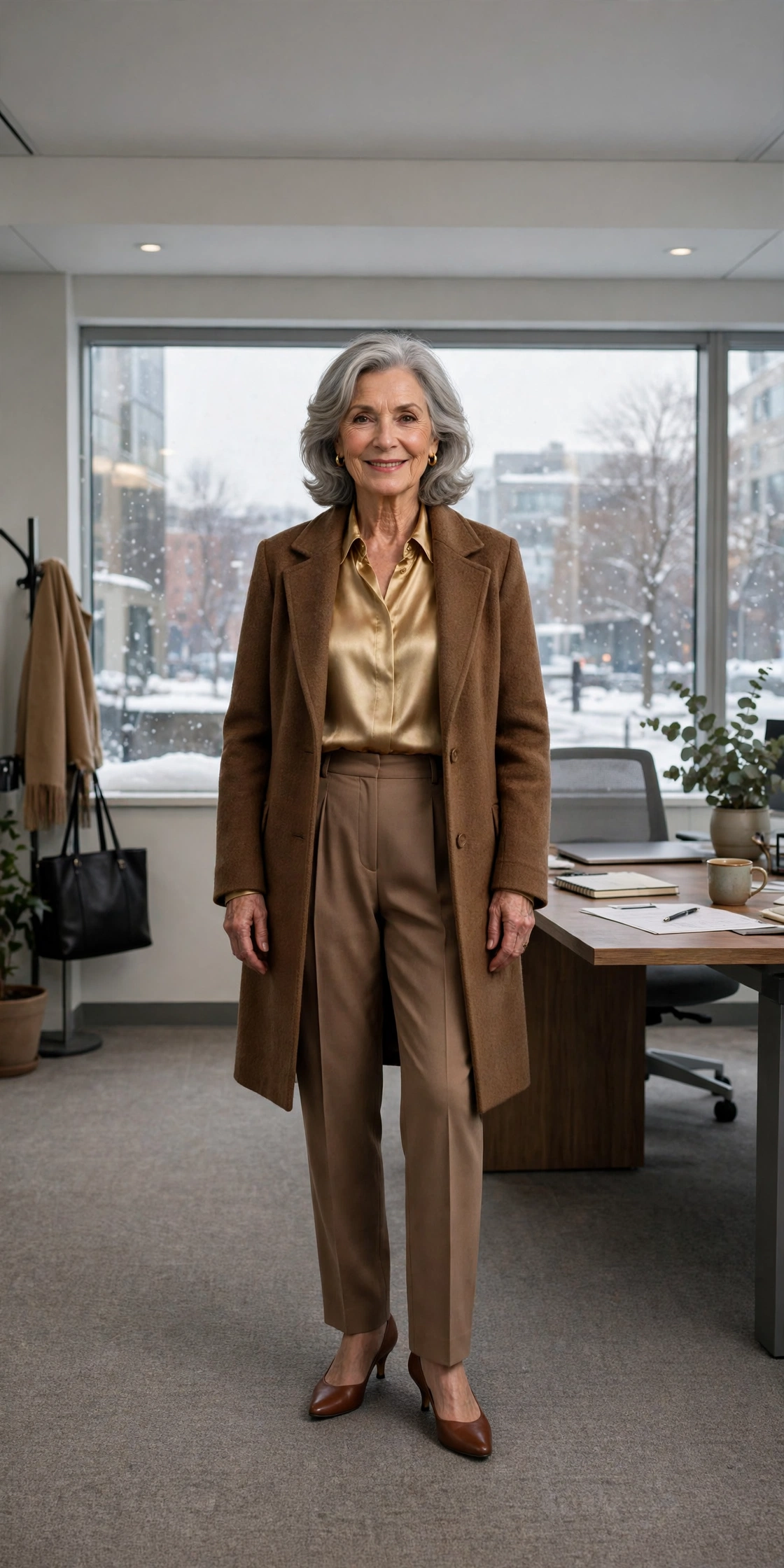 Mocha pleated trousers, gold-toned blouse with a brown coat and kitten heels