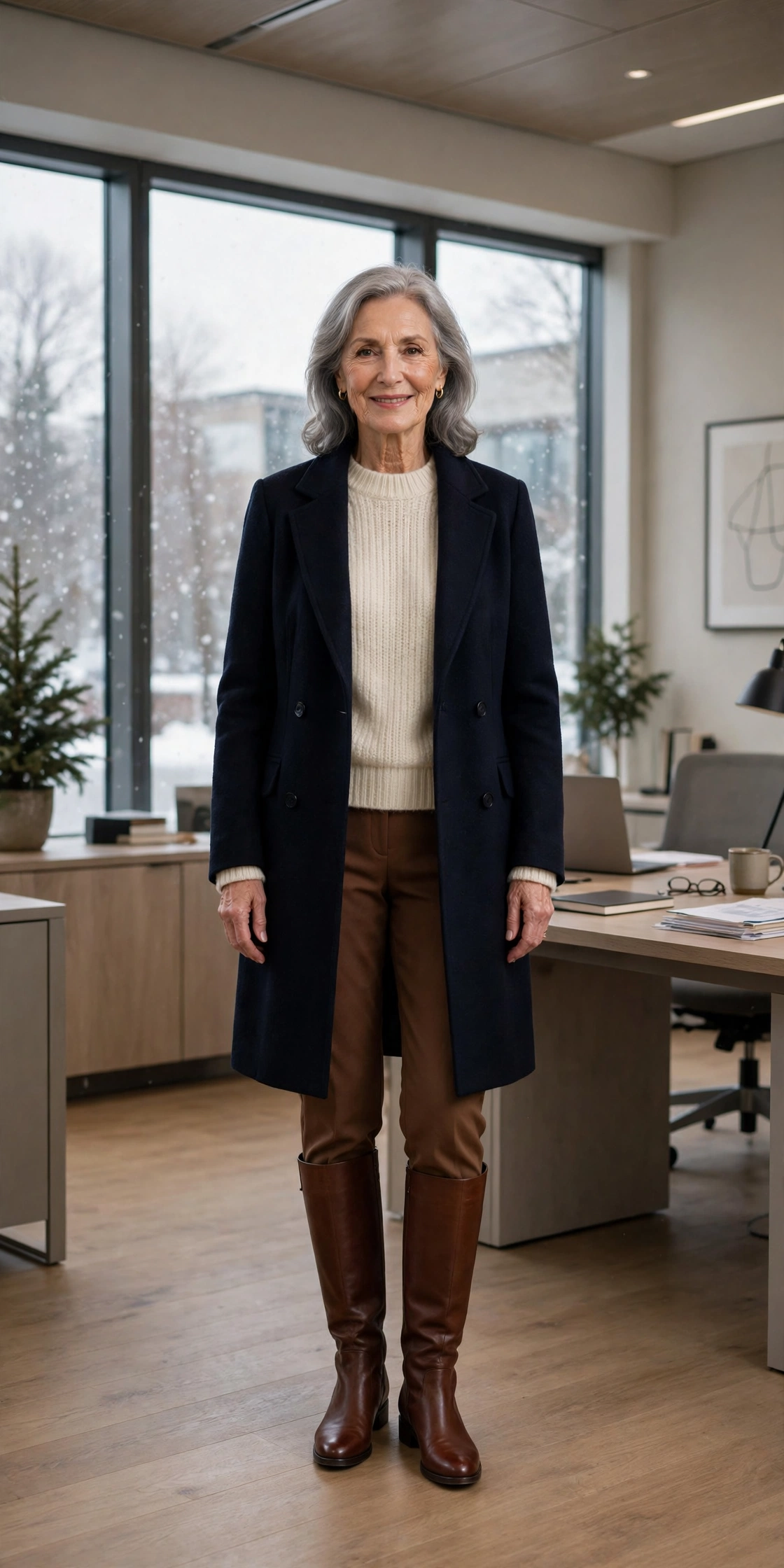 Chestnut straight trousers, cream sweater with a dark coat and knee-high boots