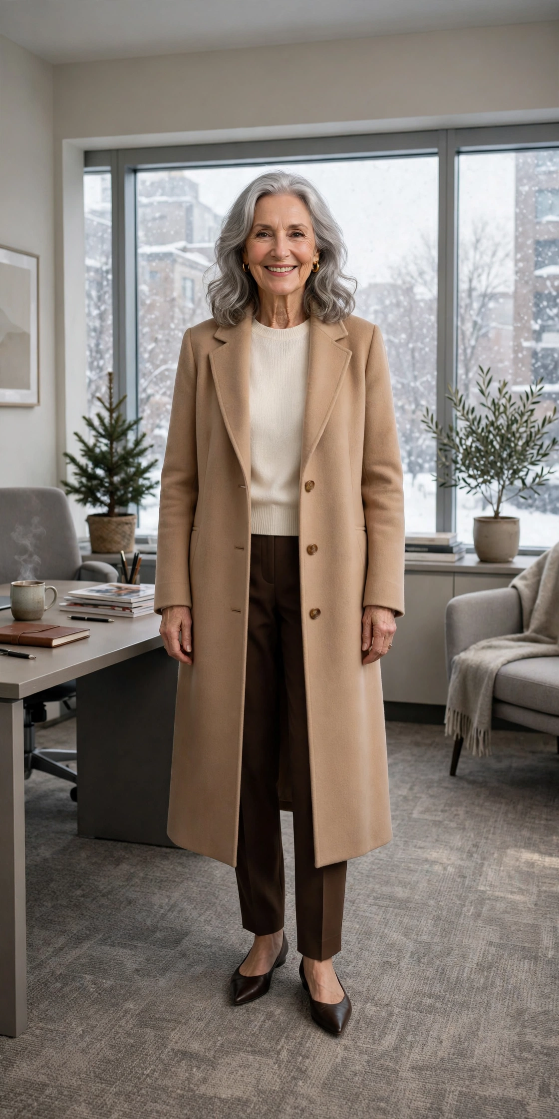 Espresso cigarette trousers, ivory knit top with a long coat and elegant pointed flats
