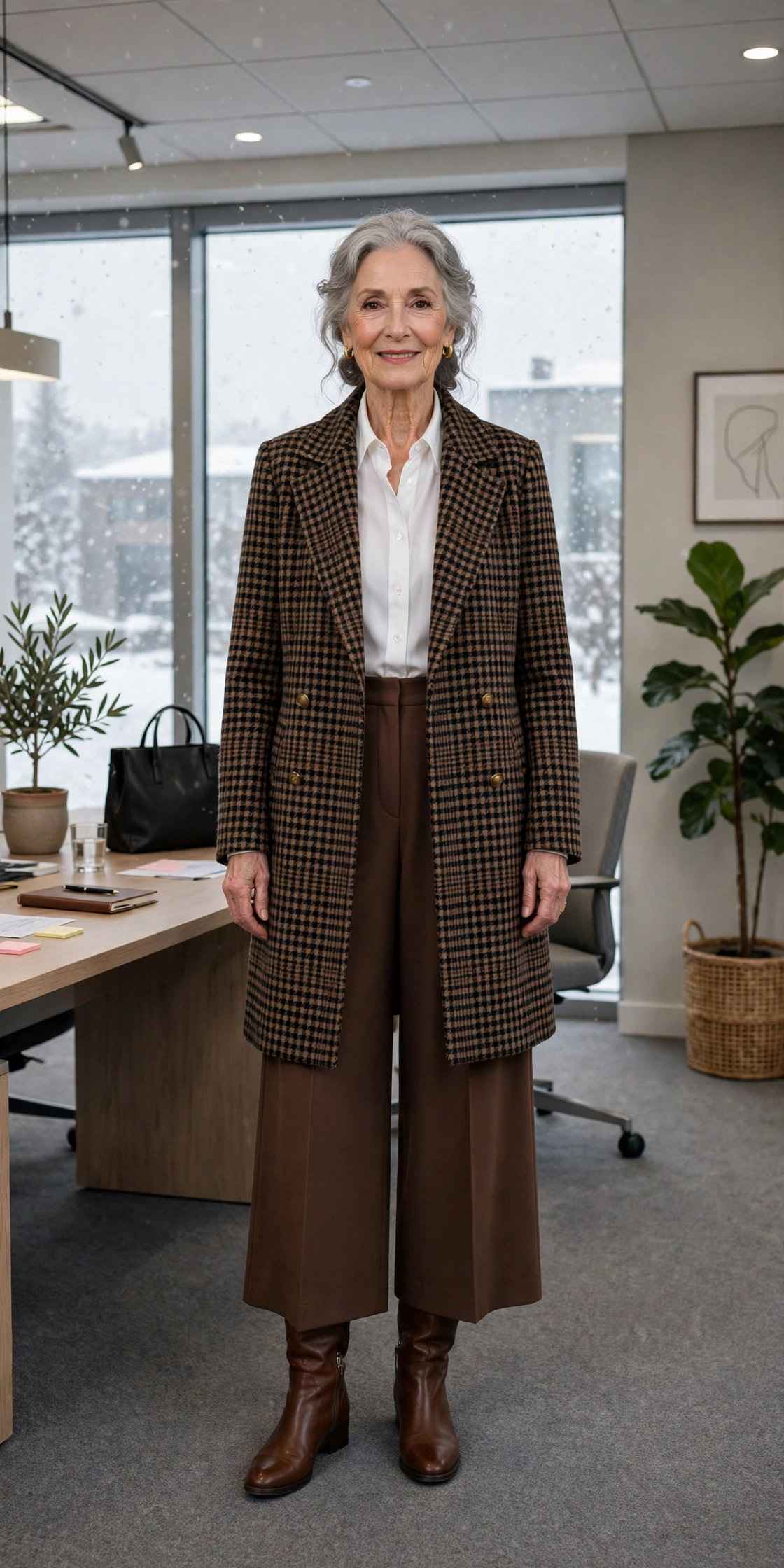Milk chocolate wide-leg trousers, white blouse with a checked coat and knee-high boots