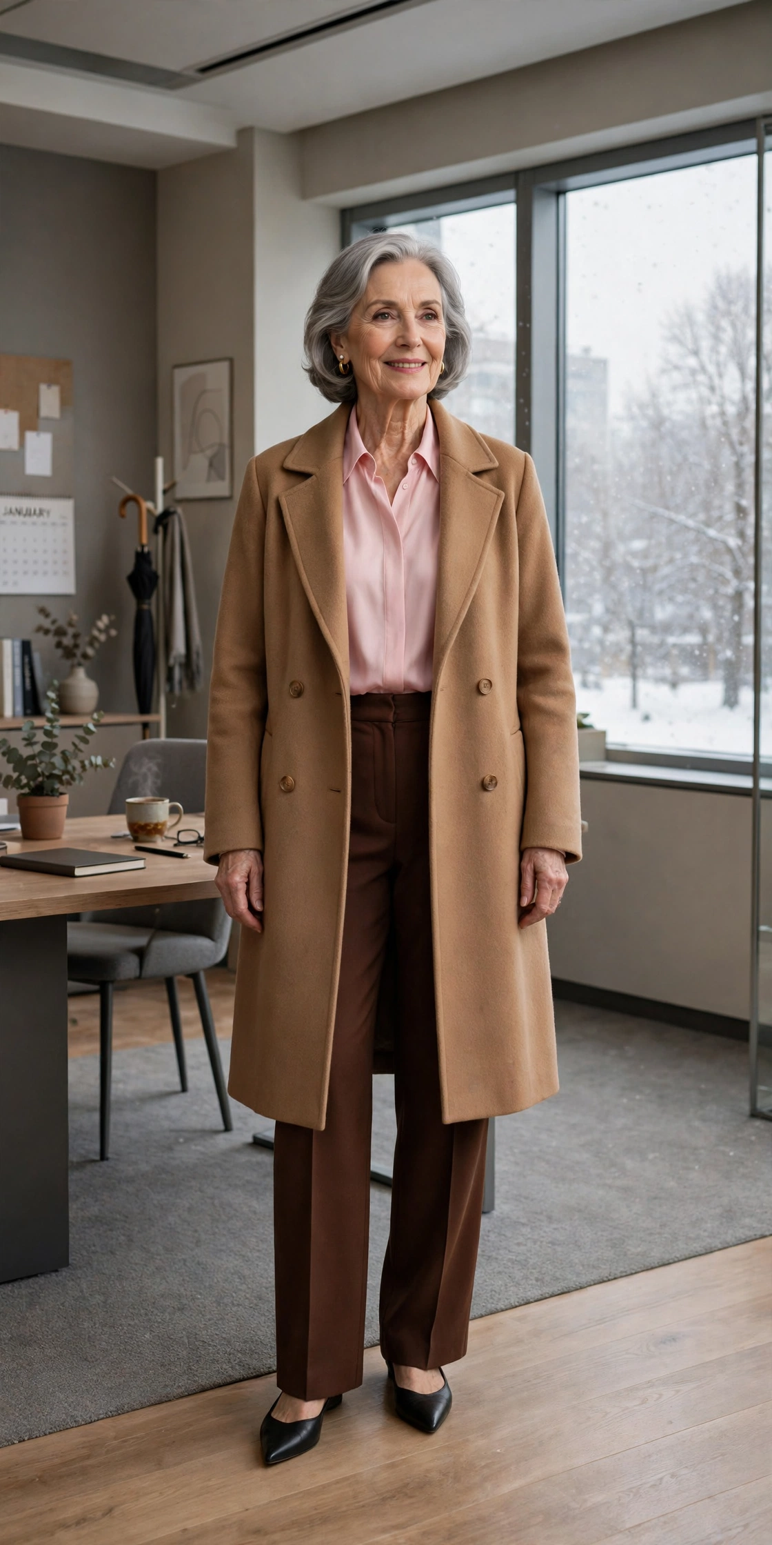 Warm chocolate trousers, soft pink blouse with a camel coat and elegant pointed flats