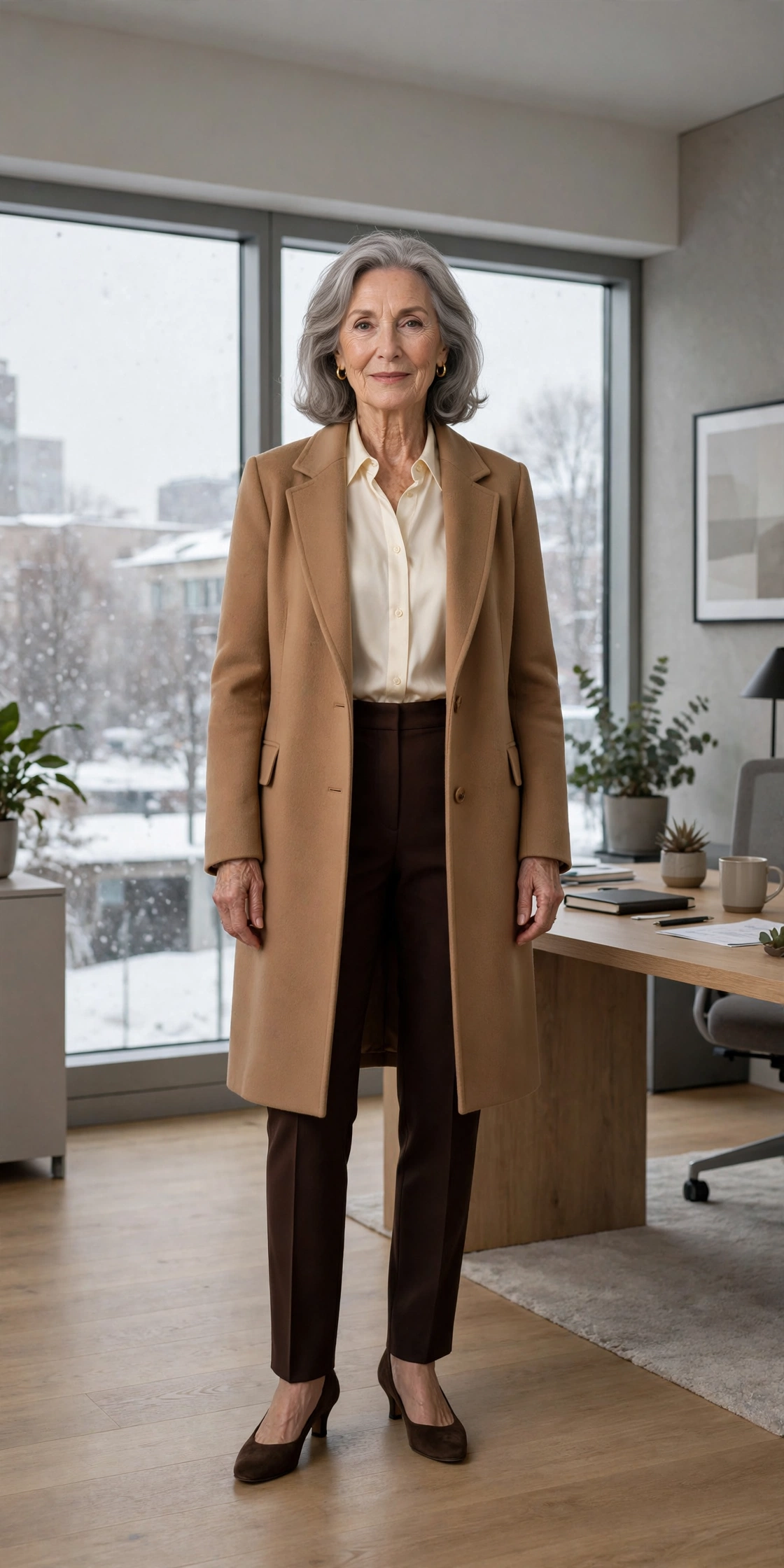 Dark chocolate tailored trousers, cream blouse with a camel coat and low-heeled pumps