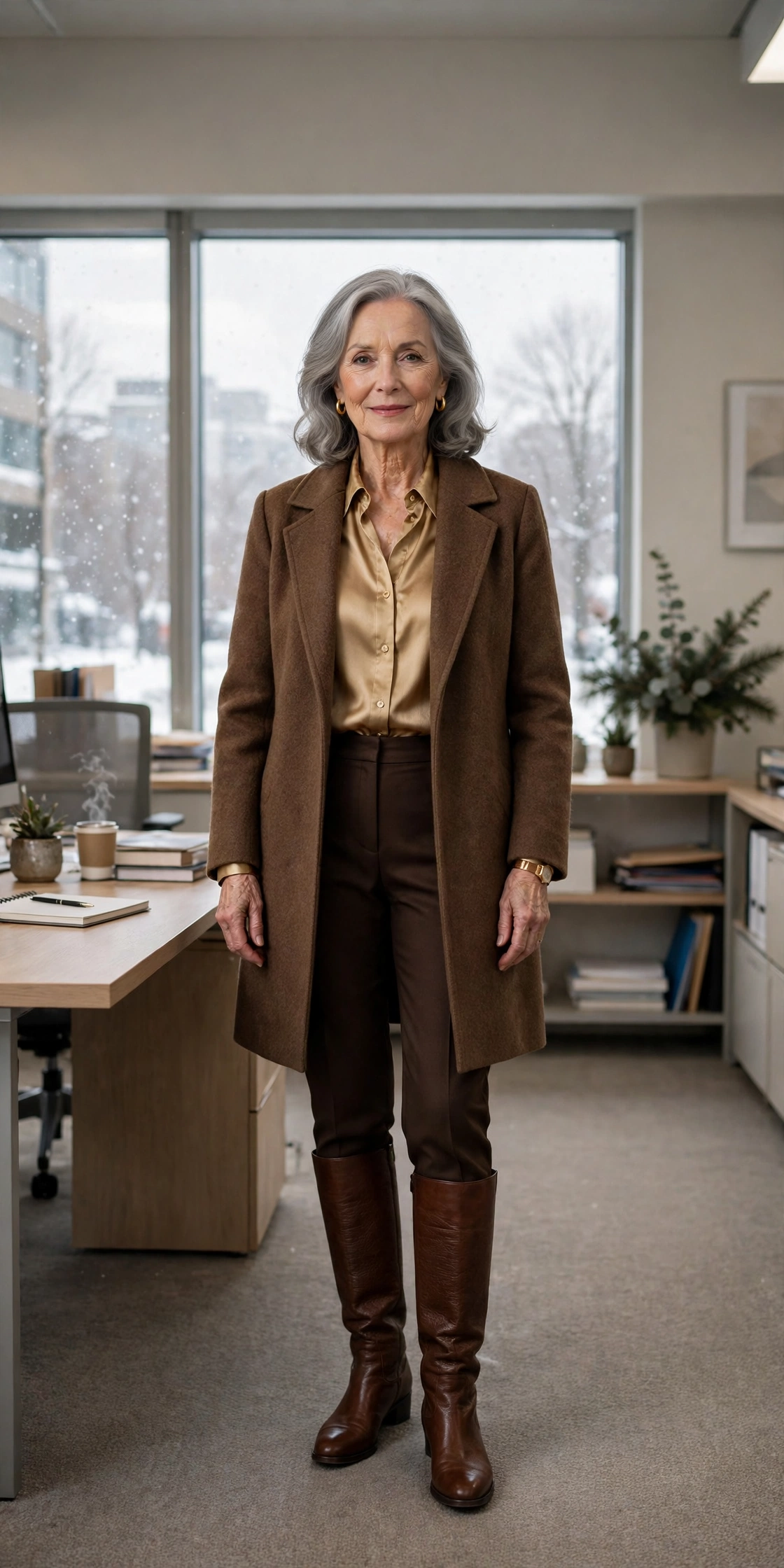 Espresso cigarette trousers, gold-toned blouse with a brown coat and knee-high boots