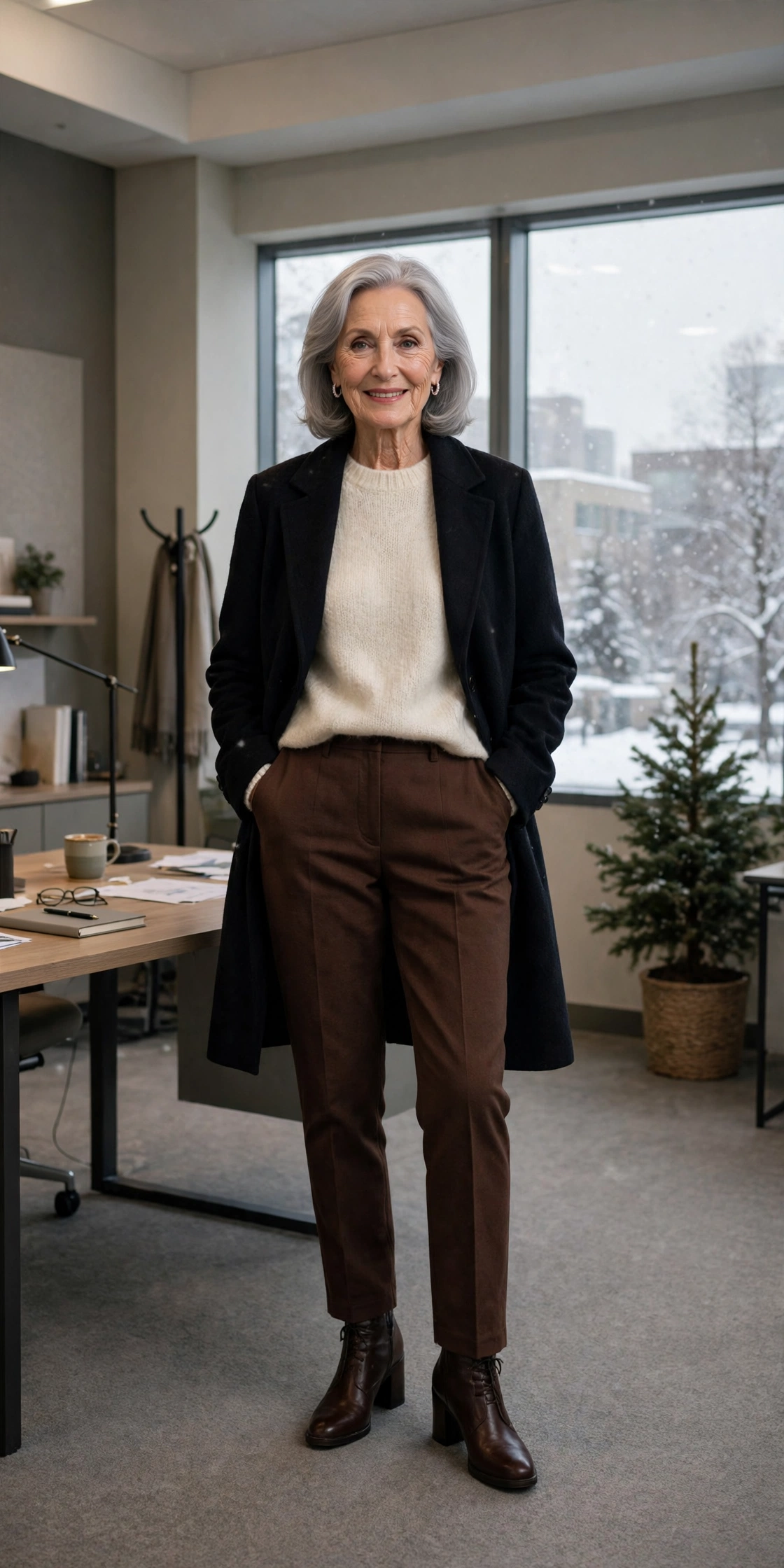 Warm chocolate trousers, cream sweater with a dark coat and block-heel ankle boots