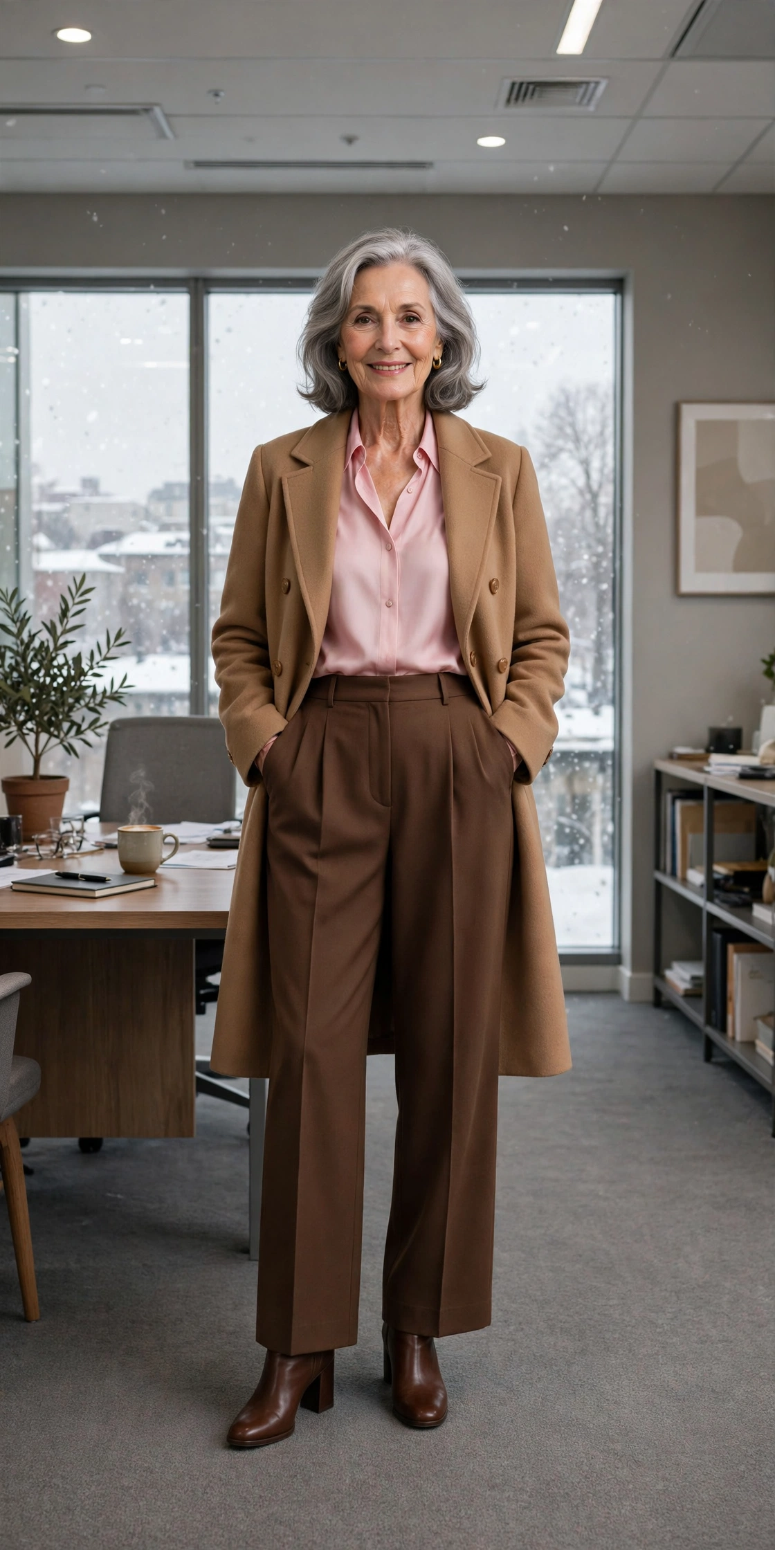 Milk chocolate wide-leg trousers, soft pink blouse with a camel coat and block-heel ankle boots