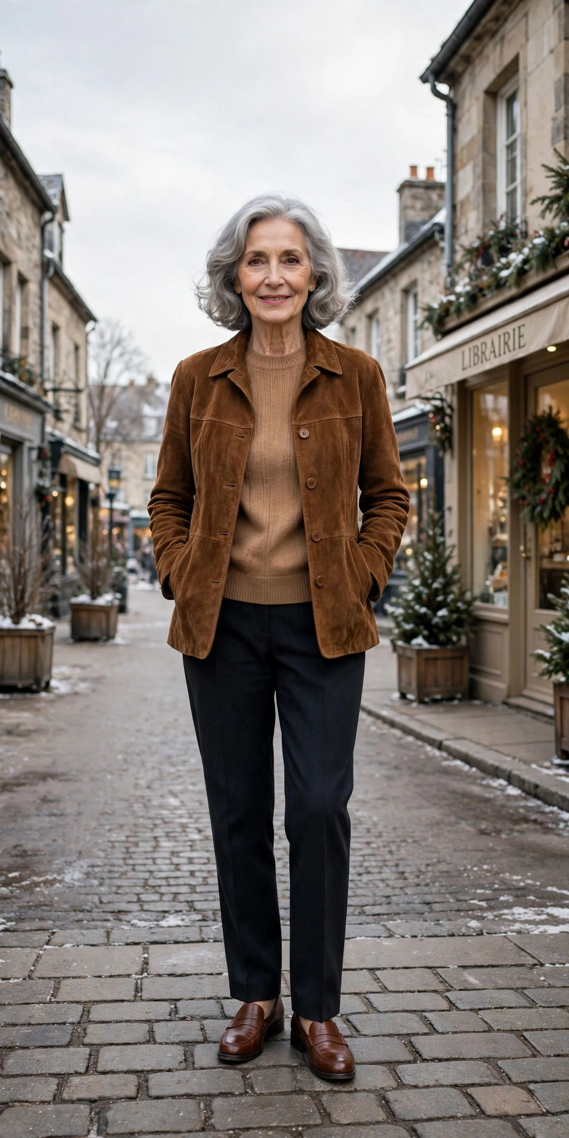 Chestnut suede jacket, camel sweater with dark trousers and classic loafers