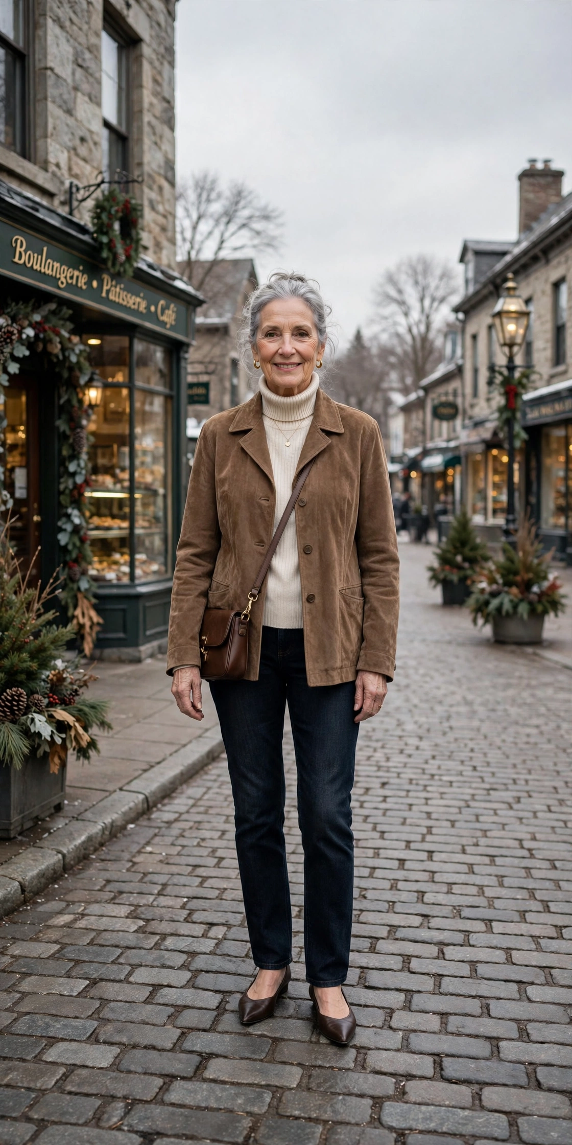 Mocha suede jacket, cream turtleneck with dark jeans and elegant pointed flats
