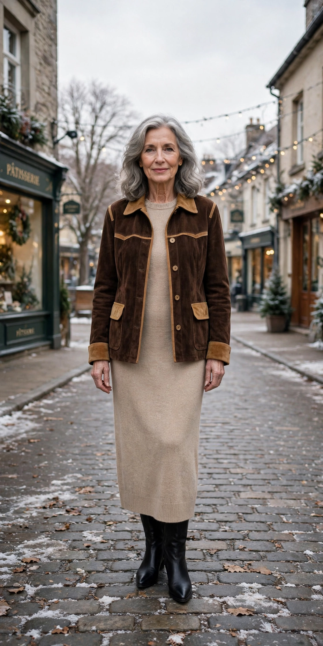 Tan-accented chocolate suede jacket, beige knit dress and black pointed boots
