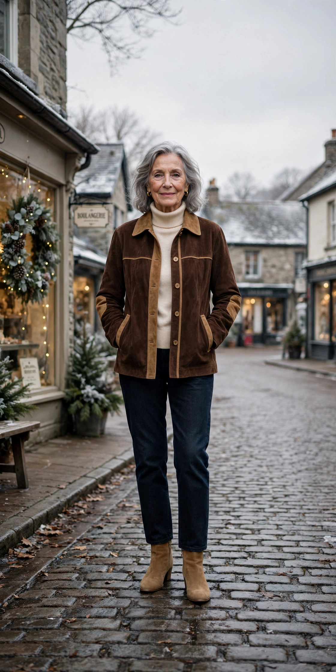 Tan-accented chocolate suede jacket, cream turtleneck with dark jeans and suede ankle boots