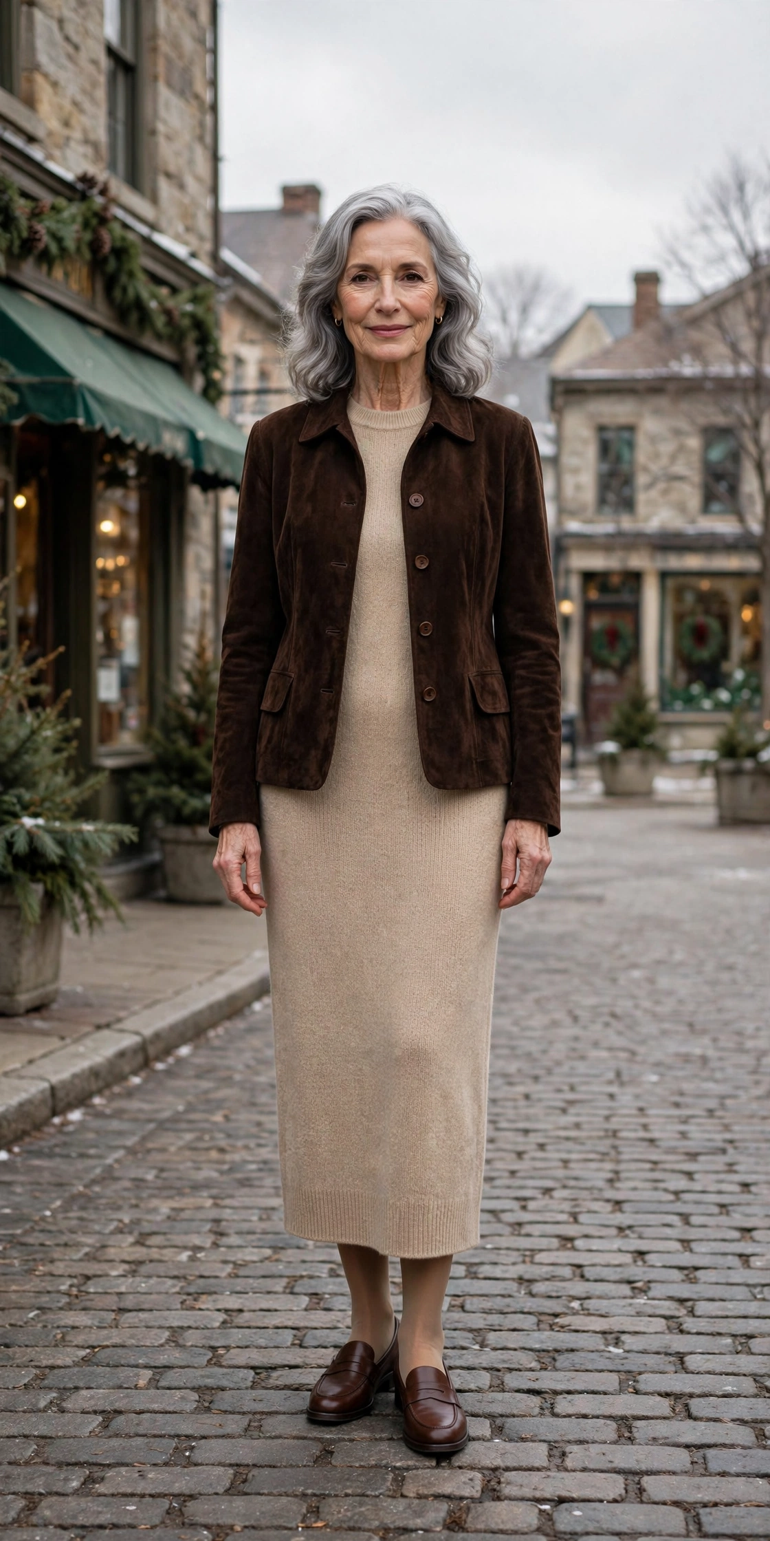 Dark chocolate suede jacket, beige knit dress and classic loafers