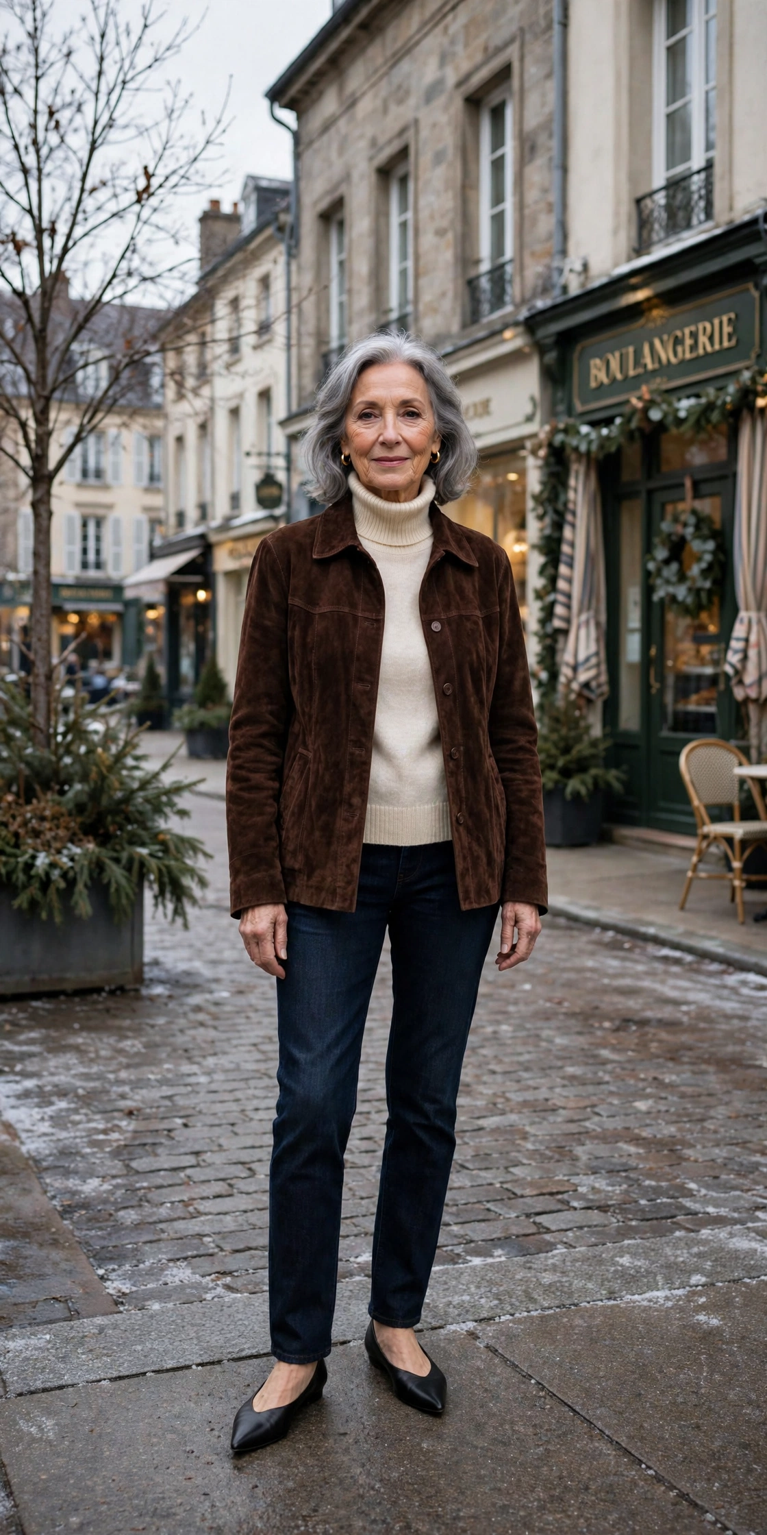 Deep chocolate suede jacket, cream turtleneck with dark jeans and elegant pointed flats