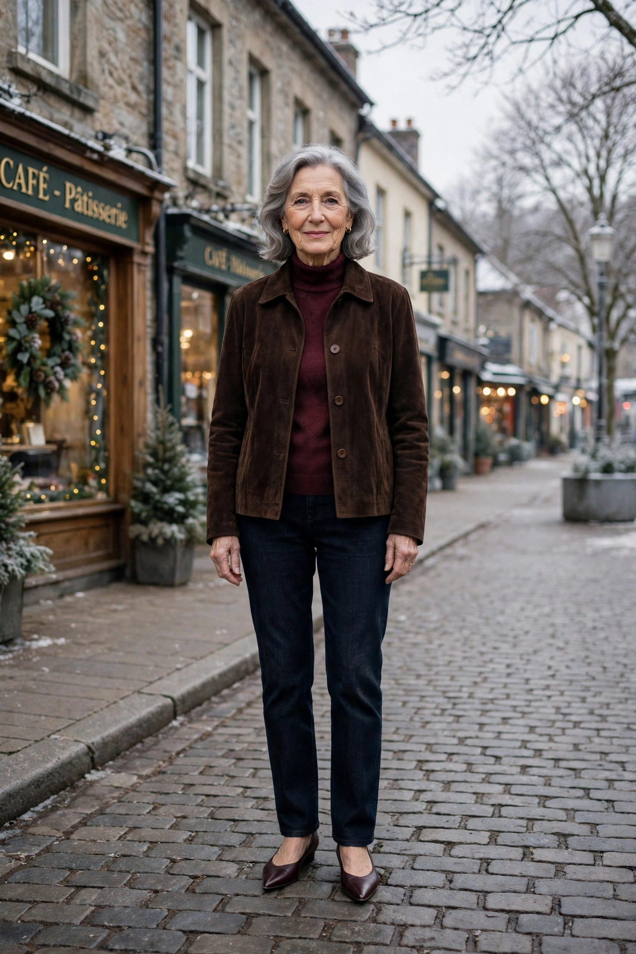 Dark chocolate suede jacket, burgundy top with dark jeans and elegant pointed flats