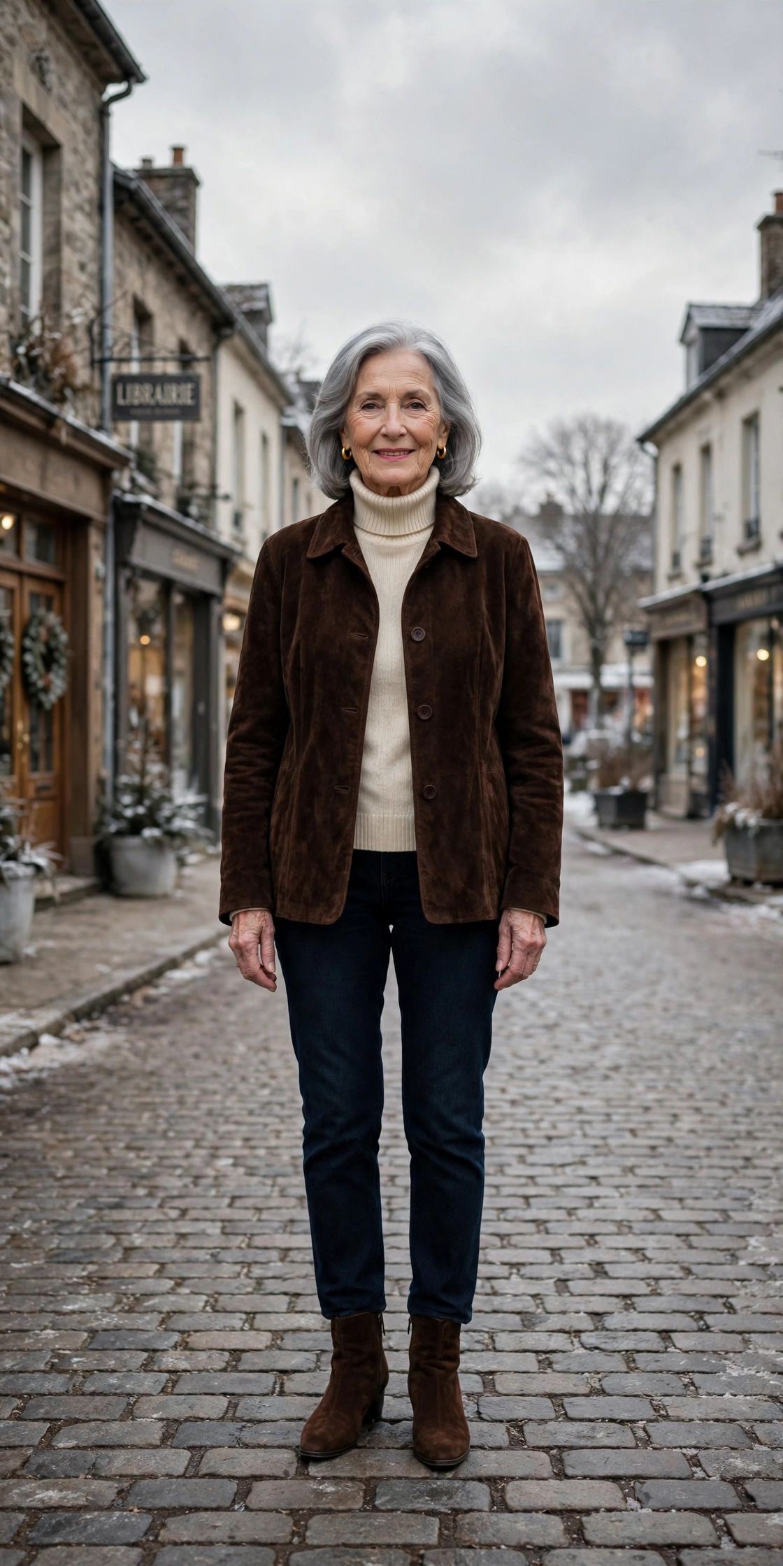 Deep chocolate suede jacket, cream turtleneck with dark jeans and suede ankle boots