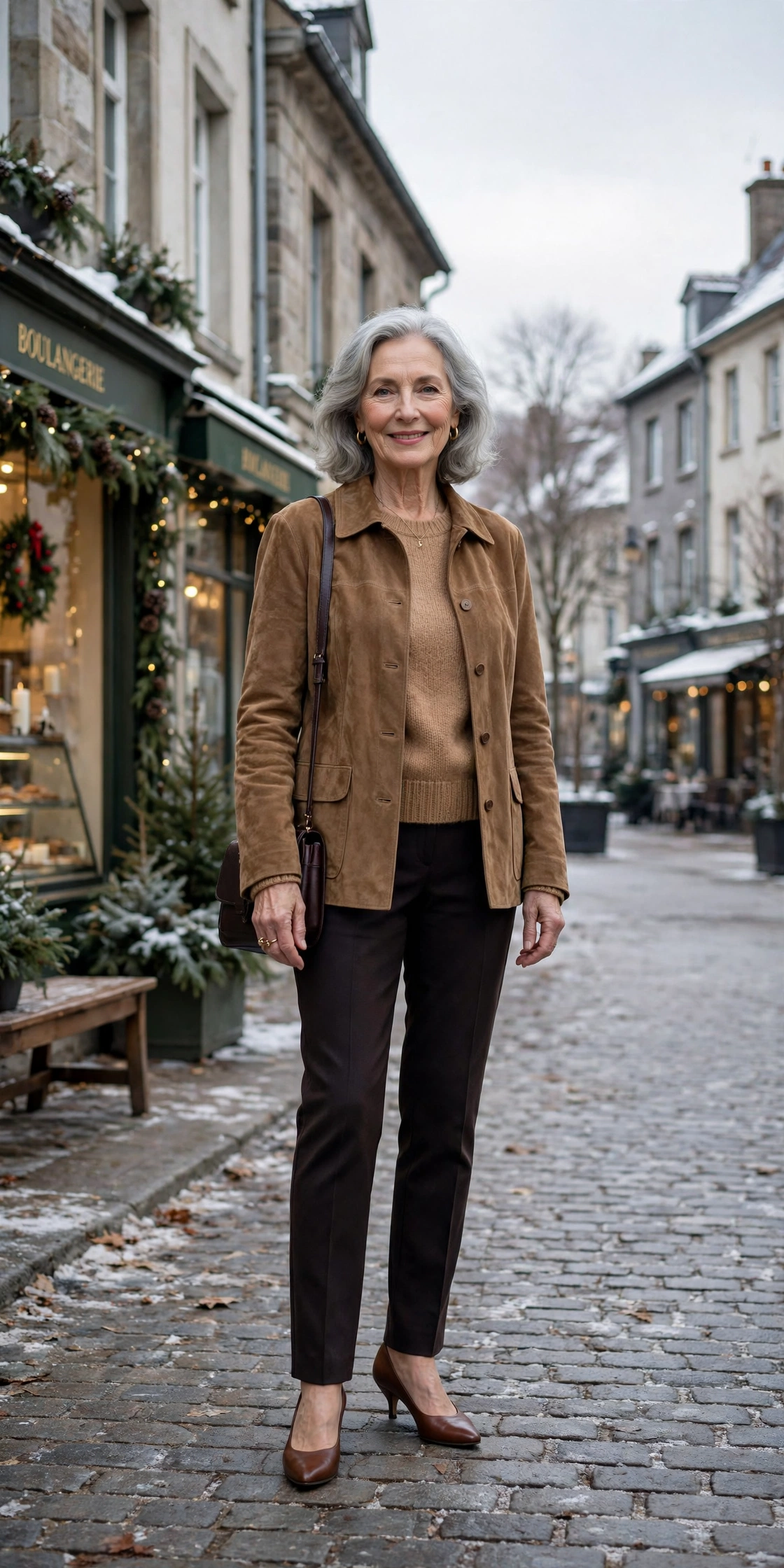 Mocha suede jacket, camel sweater with dark trousers and kitten heels
