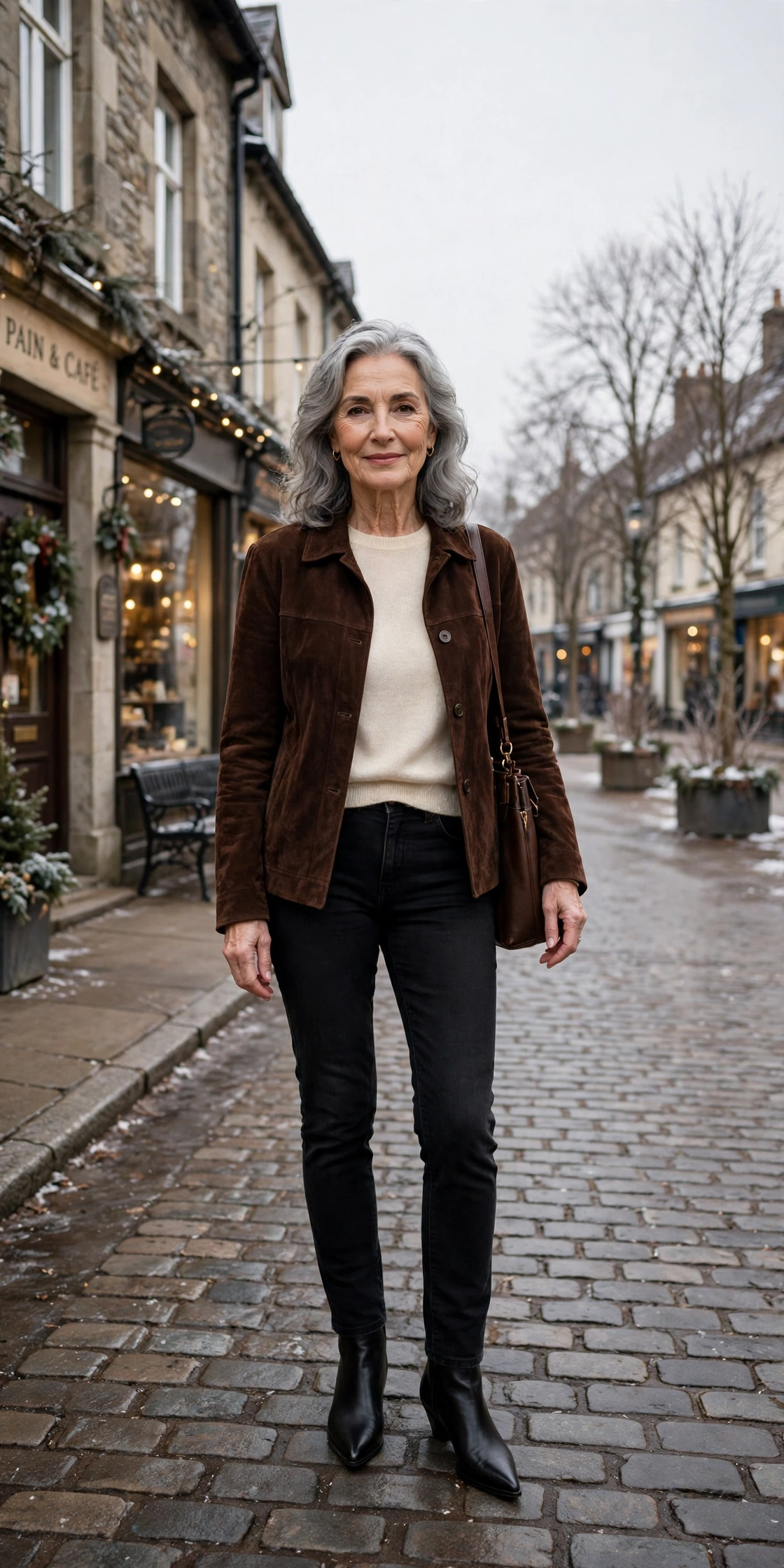 Deep chocolate suede jacket, black jeans with a cream top and black pointed boots