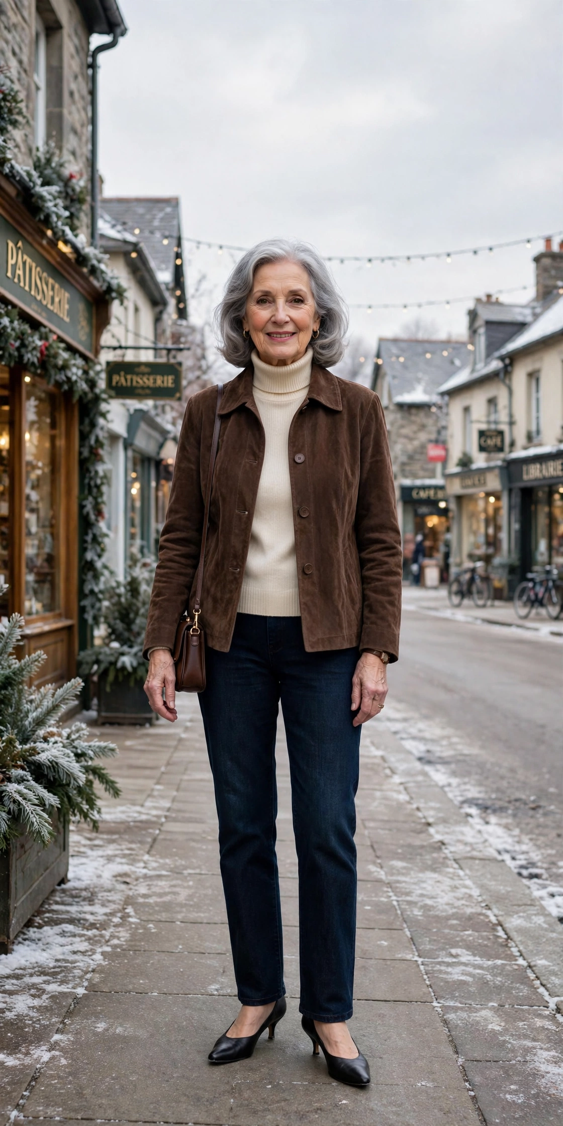 Soft chocolate suede jacket, cream turtleneck with dark jeans and kitten heels
