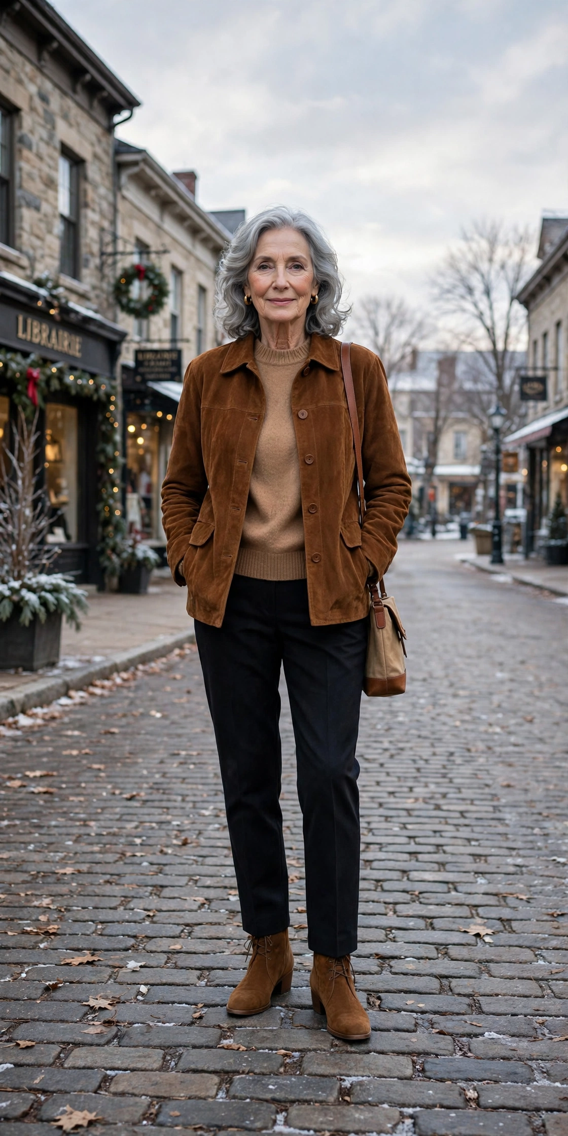Chestnut suede jacket, camel sweater with dark trousers and suede ankle boots