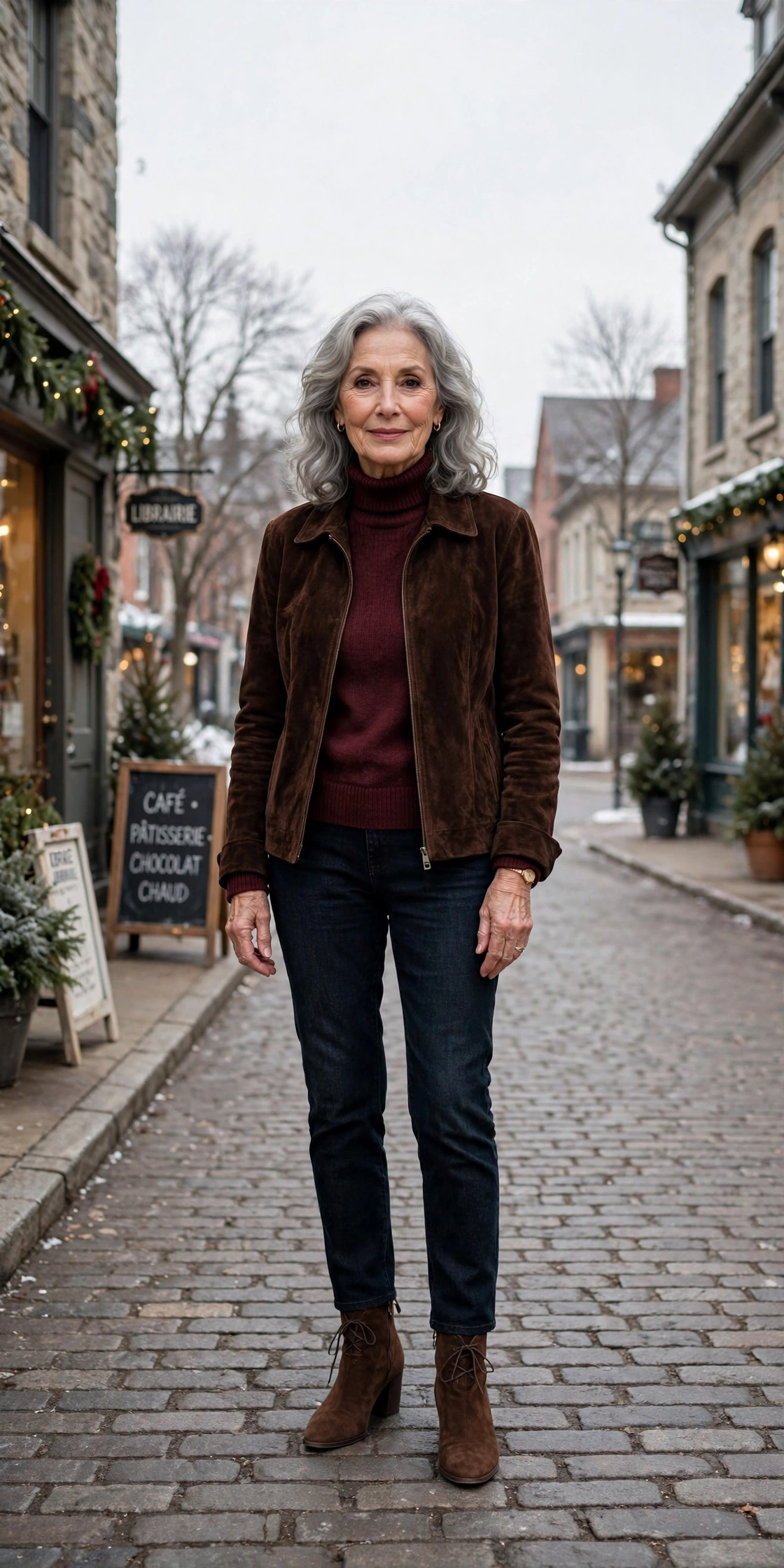 Deep chocolate suede jacket, burgundy top with dark jeans and suede ankle boots