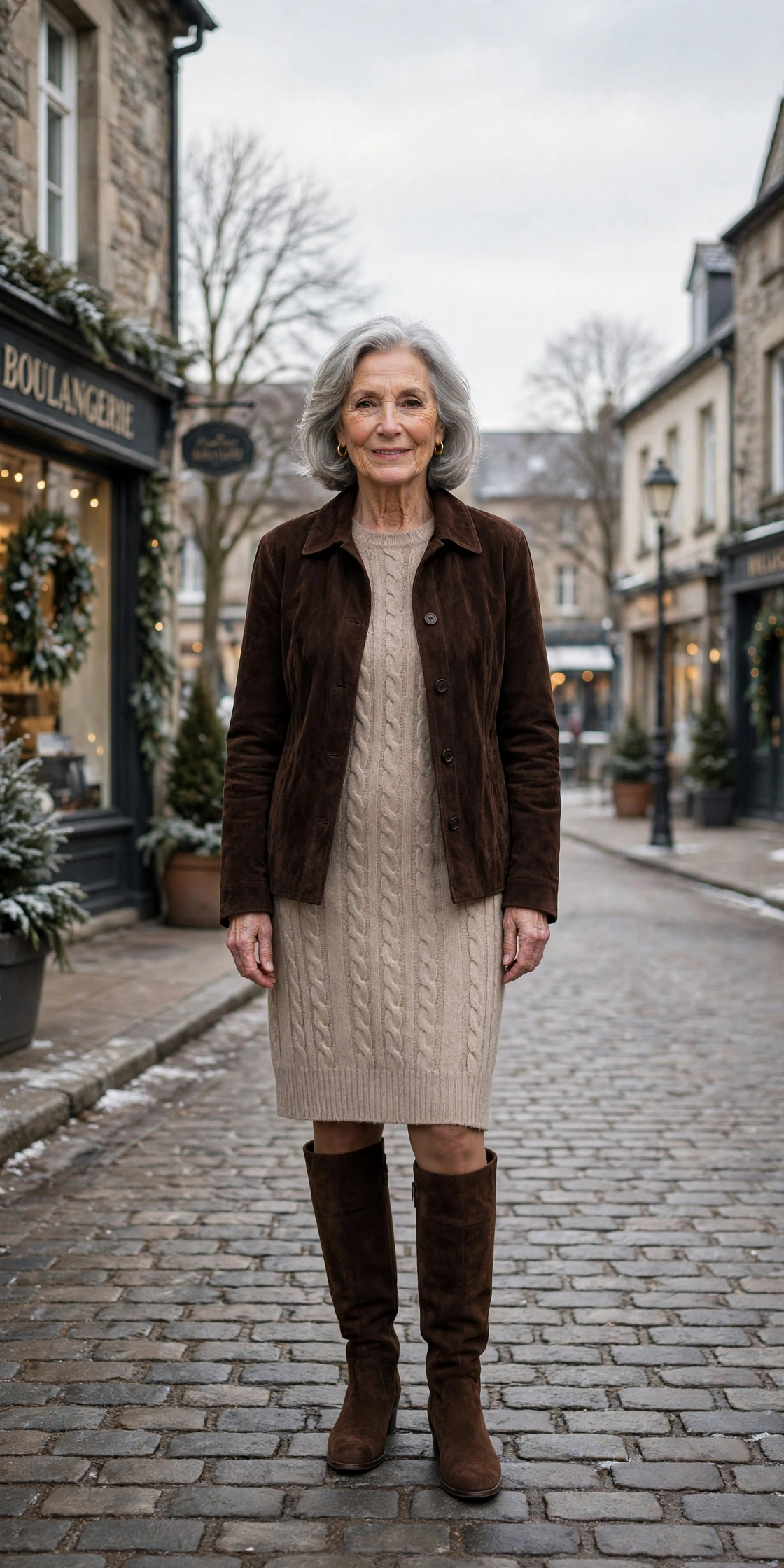 Dark chocolate suede jacket, beige knit dress and knee-high boots