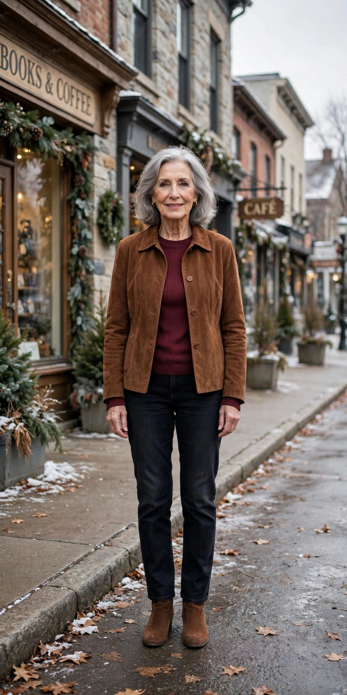 Cocoa suede jacket, burgundy top with dark jeans and suede ankle boots