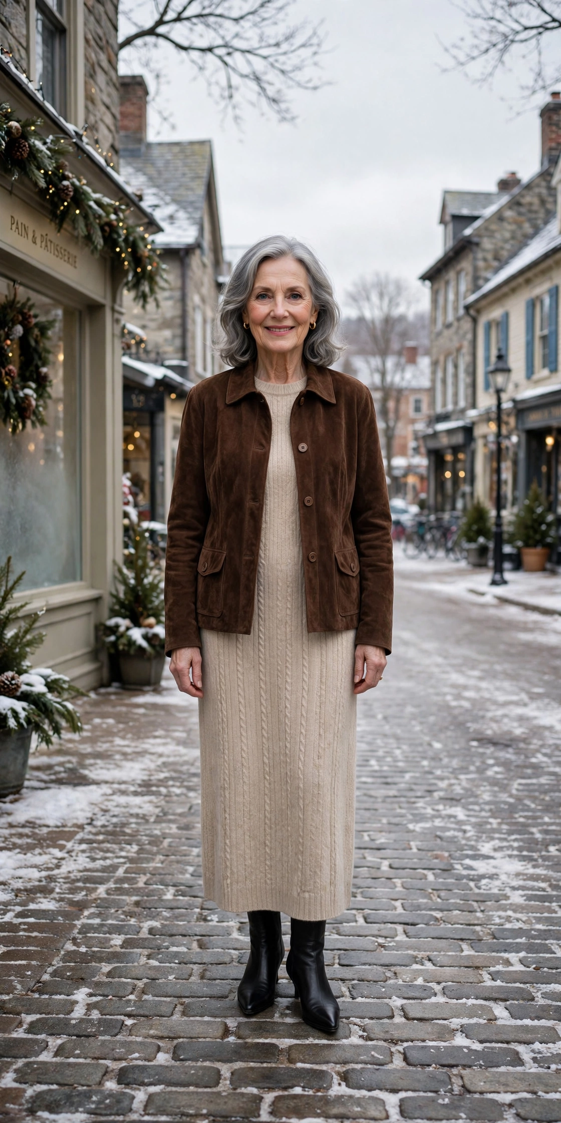 Soft chocolate suede jacket, beige knit dress and black pointed boots