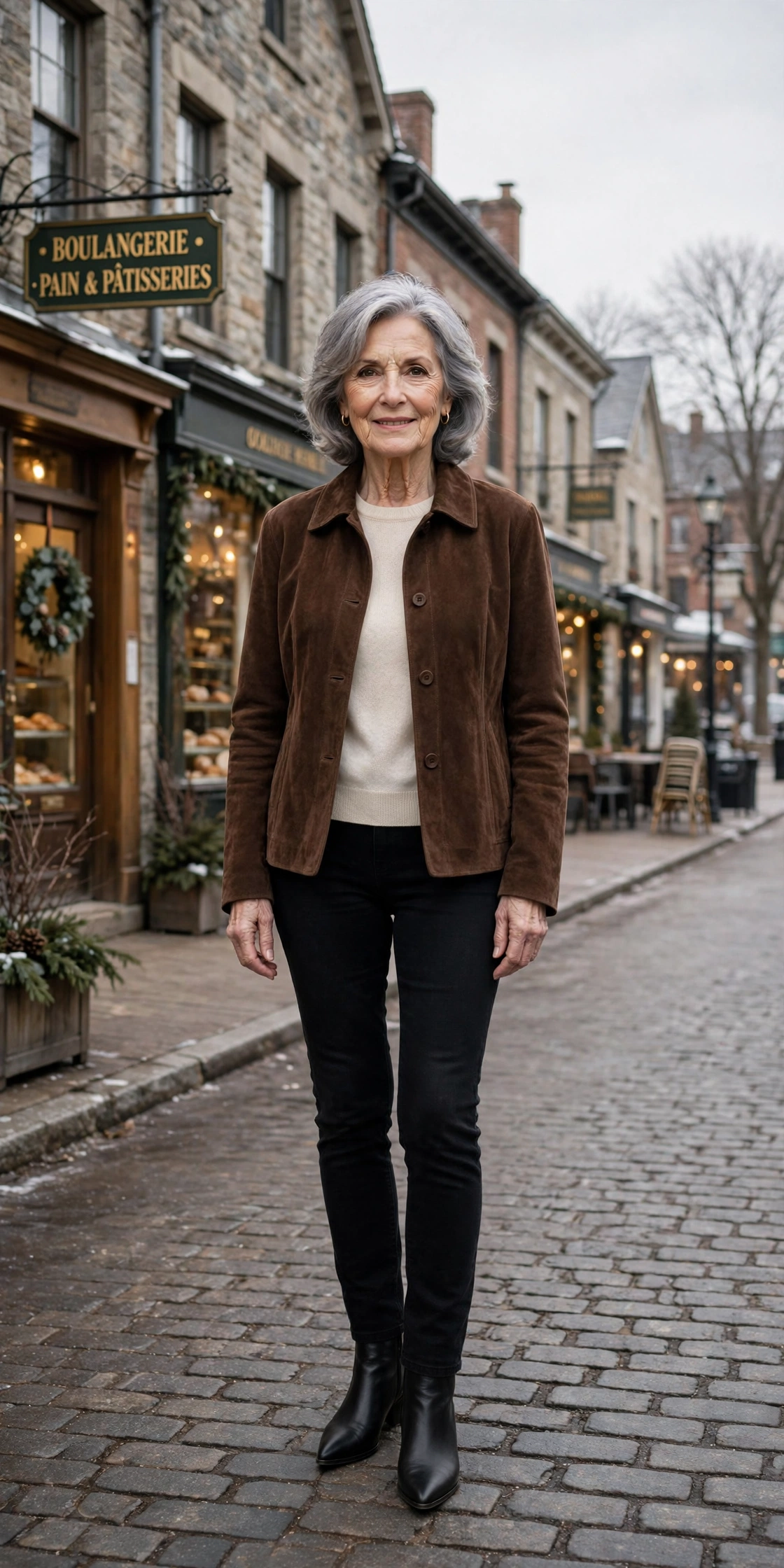 Soft chocolate suede jacket, black jeans with a cream top and black pointed boots