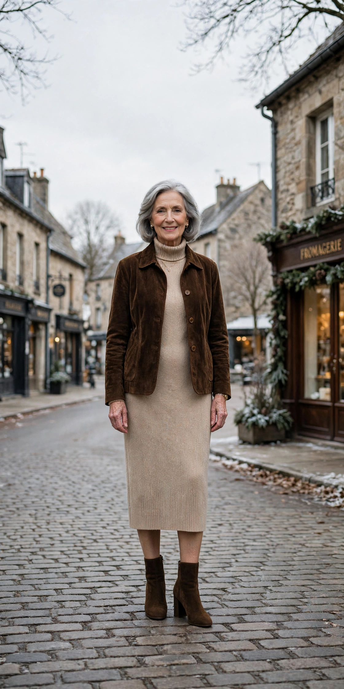 Espresso suede jacket, beige knit dress and block-heel ankle boots