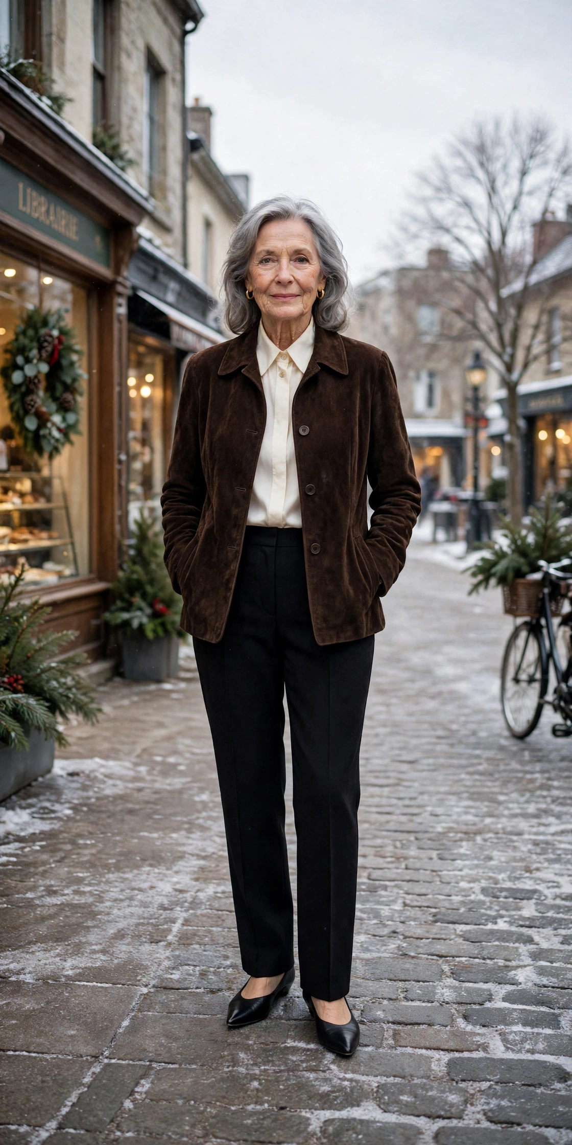 Dark chocolate suede jacket, ivory blouse with black trousers and elegant pointed flats