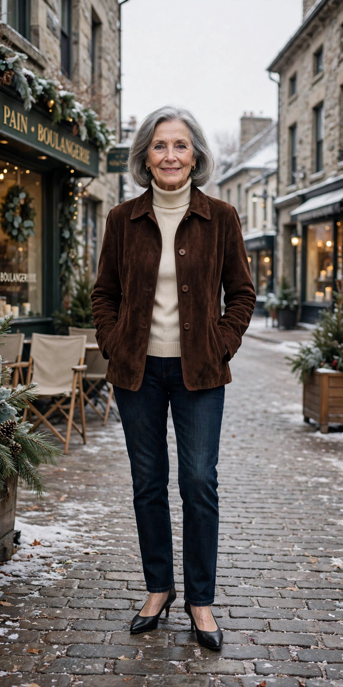 Deep chocolate suede jacket, cream turtleneck with dark jeans and kitten heels