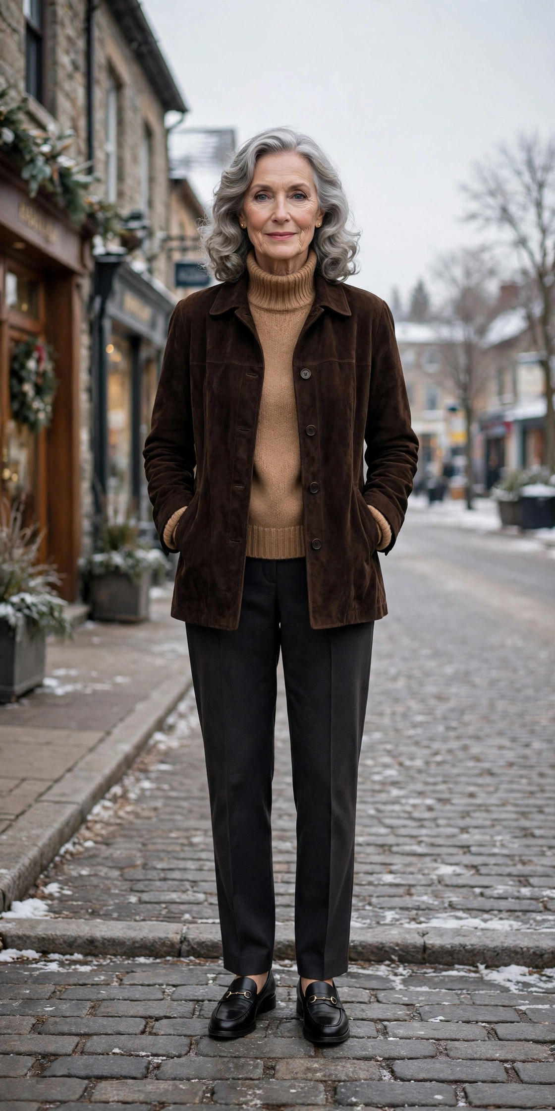 Dark chocolate suede jacket, camel sweater with dark trousers and classic loafers