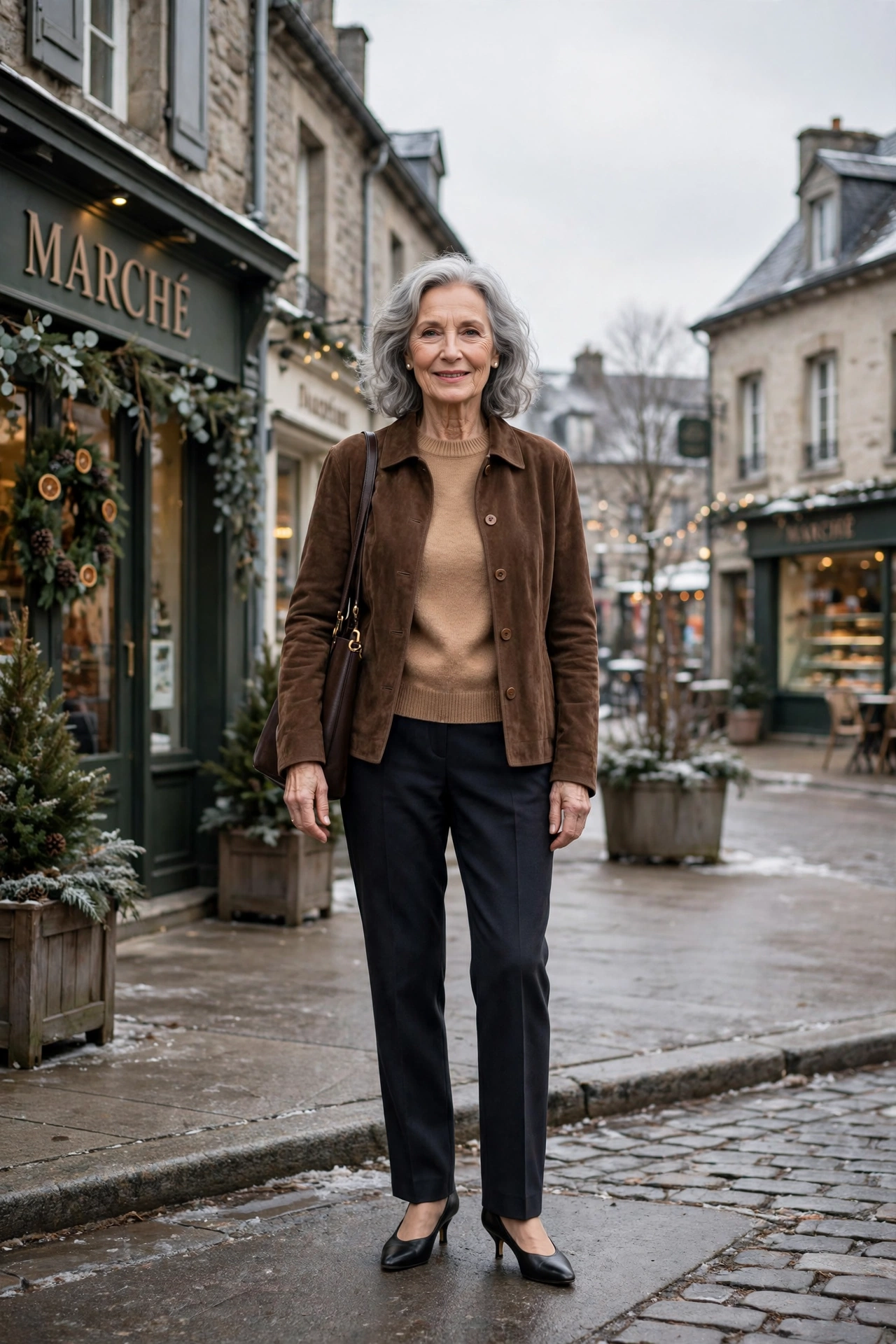 Soft chocolate suede jacket, camel sweater with dark trousers and kitten heels