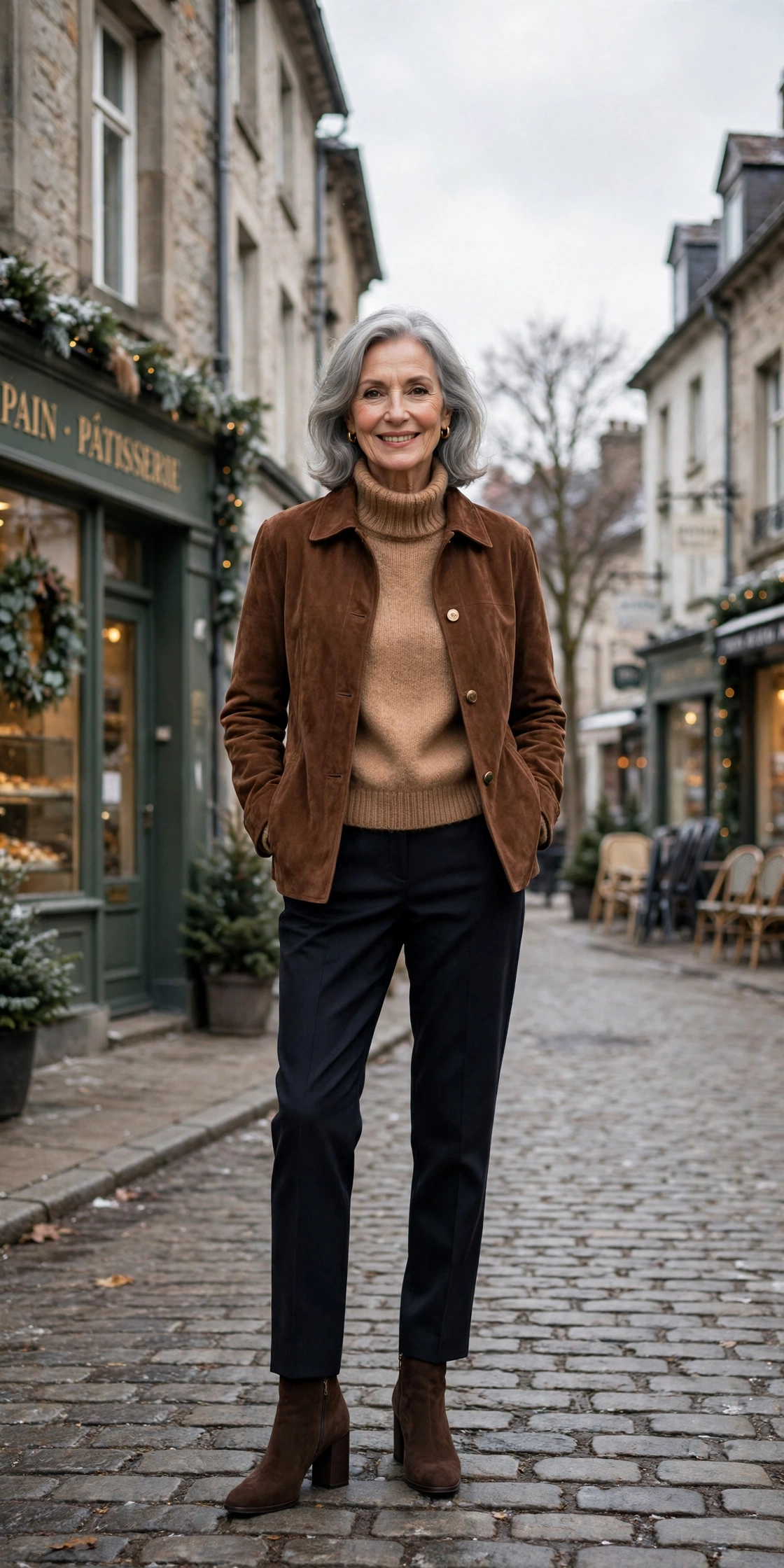 Cocoa suede jacket, camel sweater with dark trousers and block-heel ankle boots